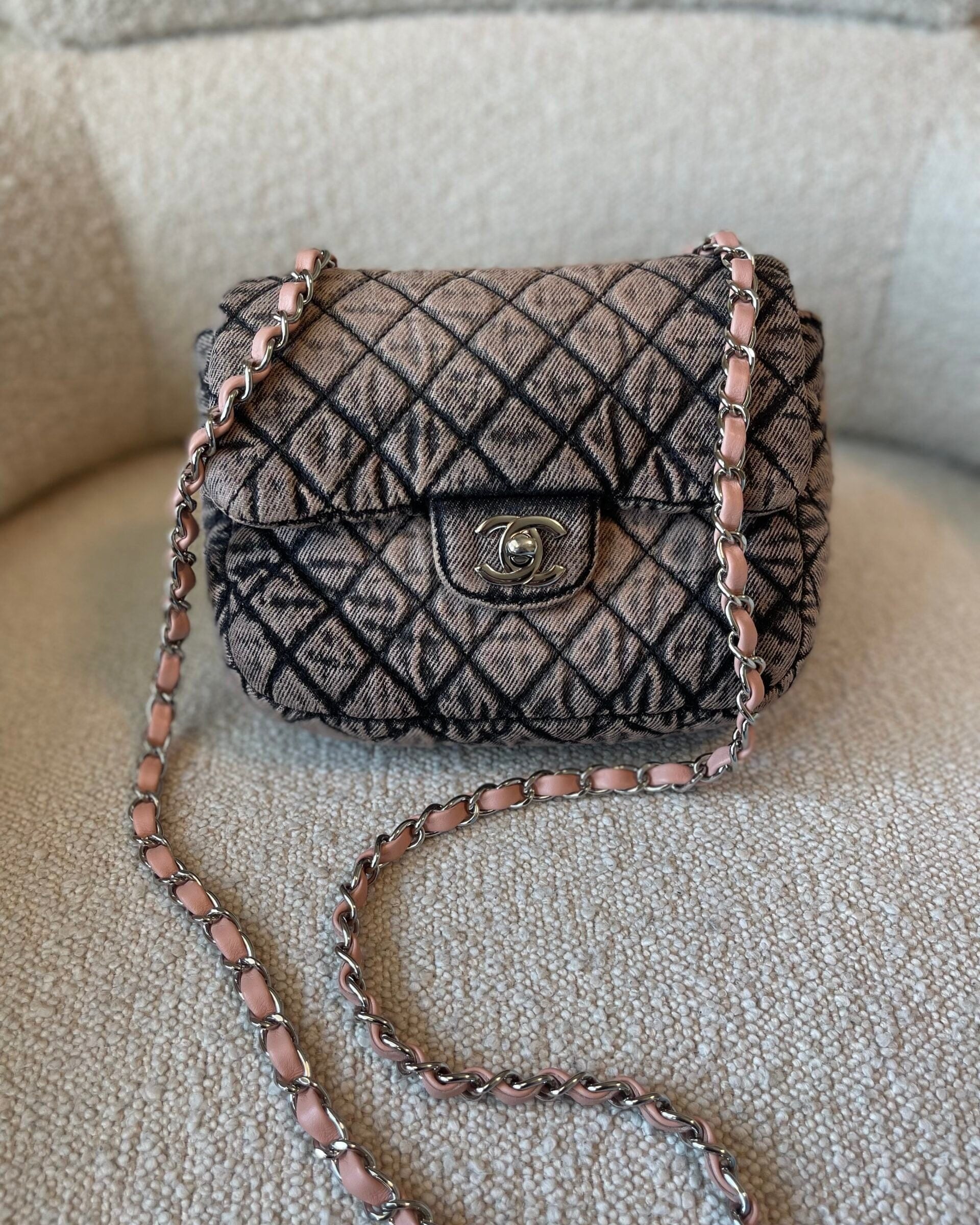 CHANEL Handbag Washed Denim Quilted Small Denimpression Flap Rose Clair Silver Hardware - Redeluxe