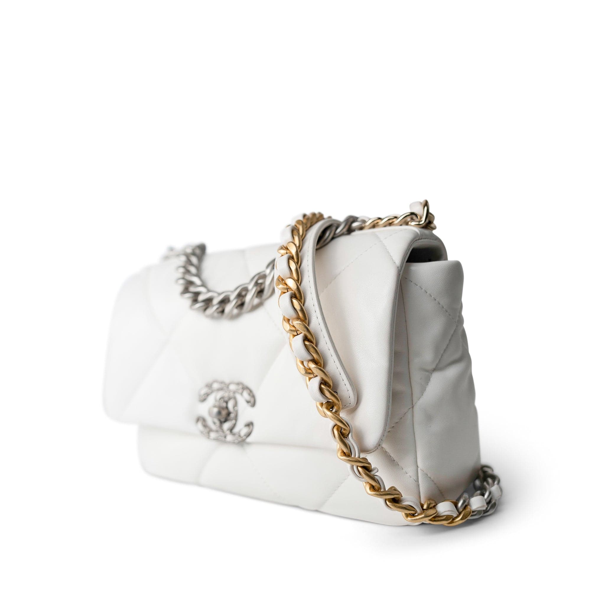 CHANEL Handbag White / 19 22S White Lambskin Quilted 19 Flap Small Reverse Mixed Hardware - Redeluxe