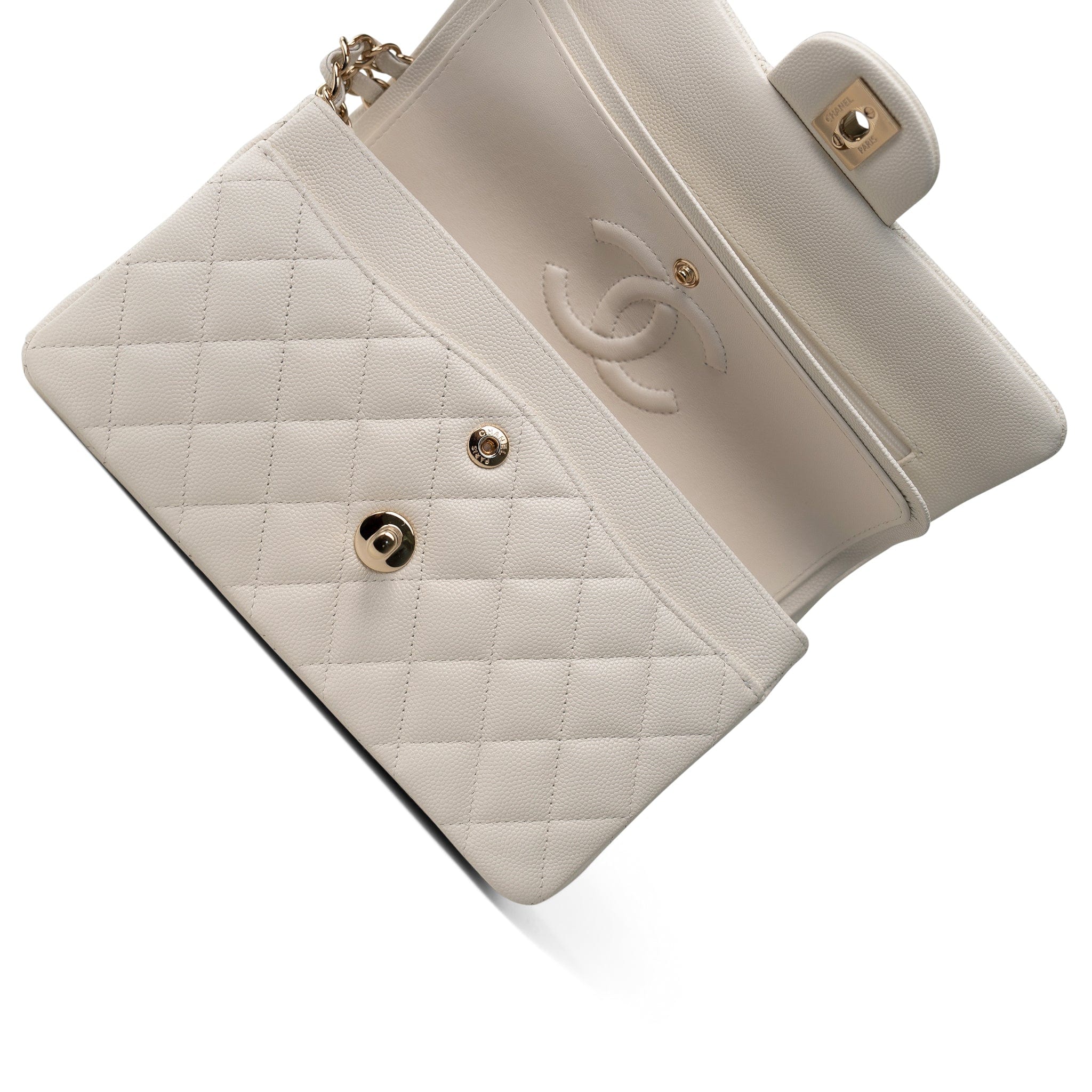 CHANEL Handbag WHITE 21B Ivory Caviar Quilted Classic Flap Small Light Gold Hardware - Redeluxe