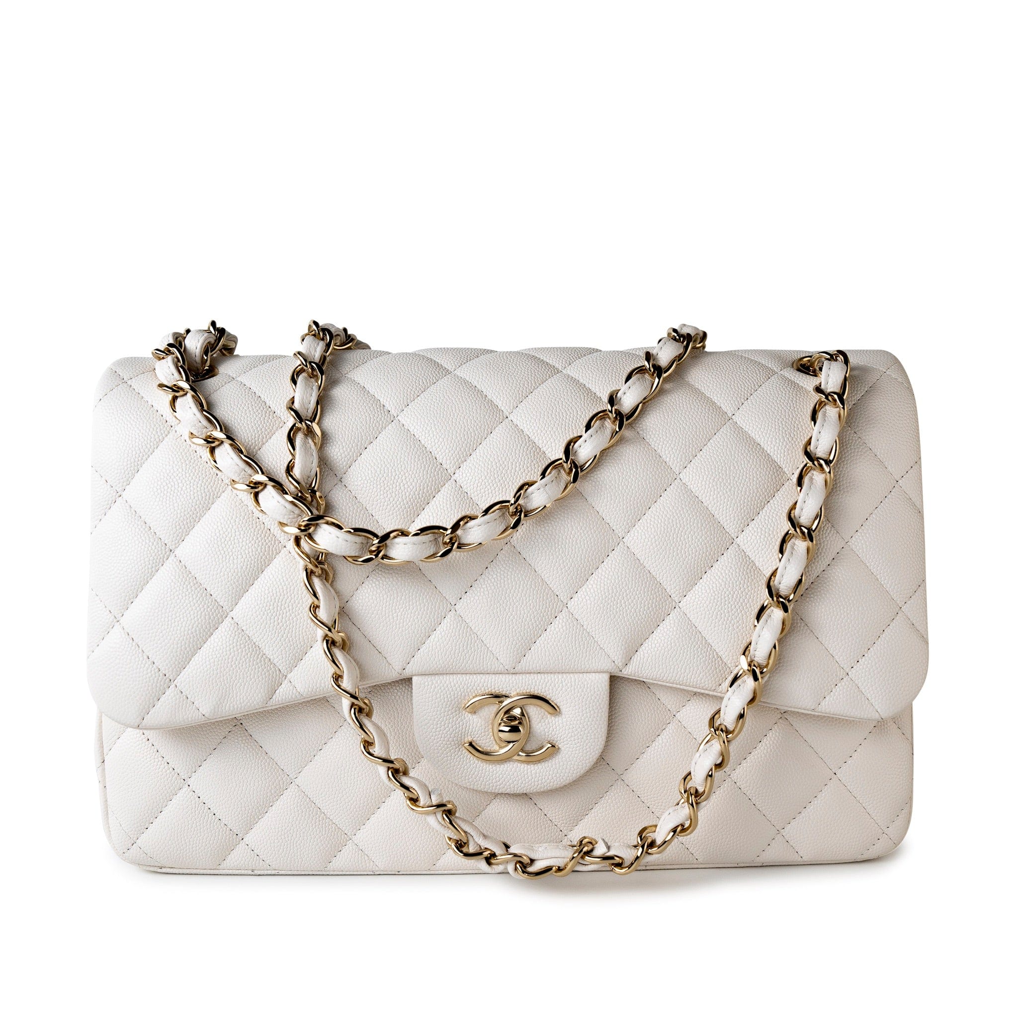 CHANEL Handbag White 21S Jumbo White Caviar Quilted Classic Flap Light Gold Hardware - Redeluxe