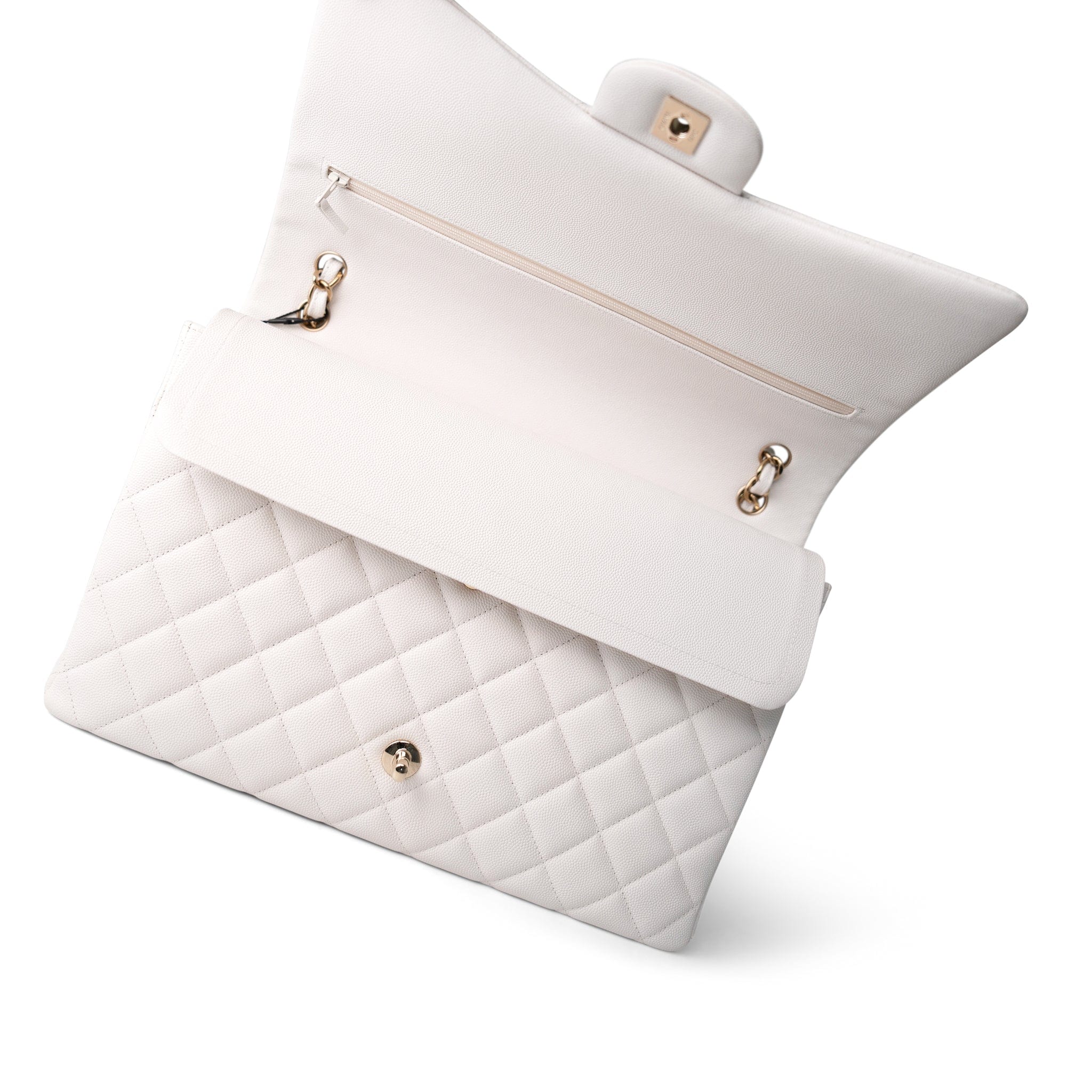 CHANEL Handbag White 22B White Caviar Quilted Maxi Classic Flap Light Gold Hardware - Redeluxe