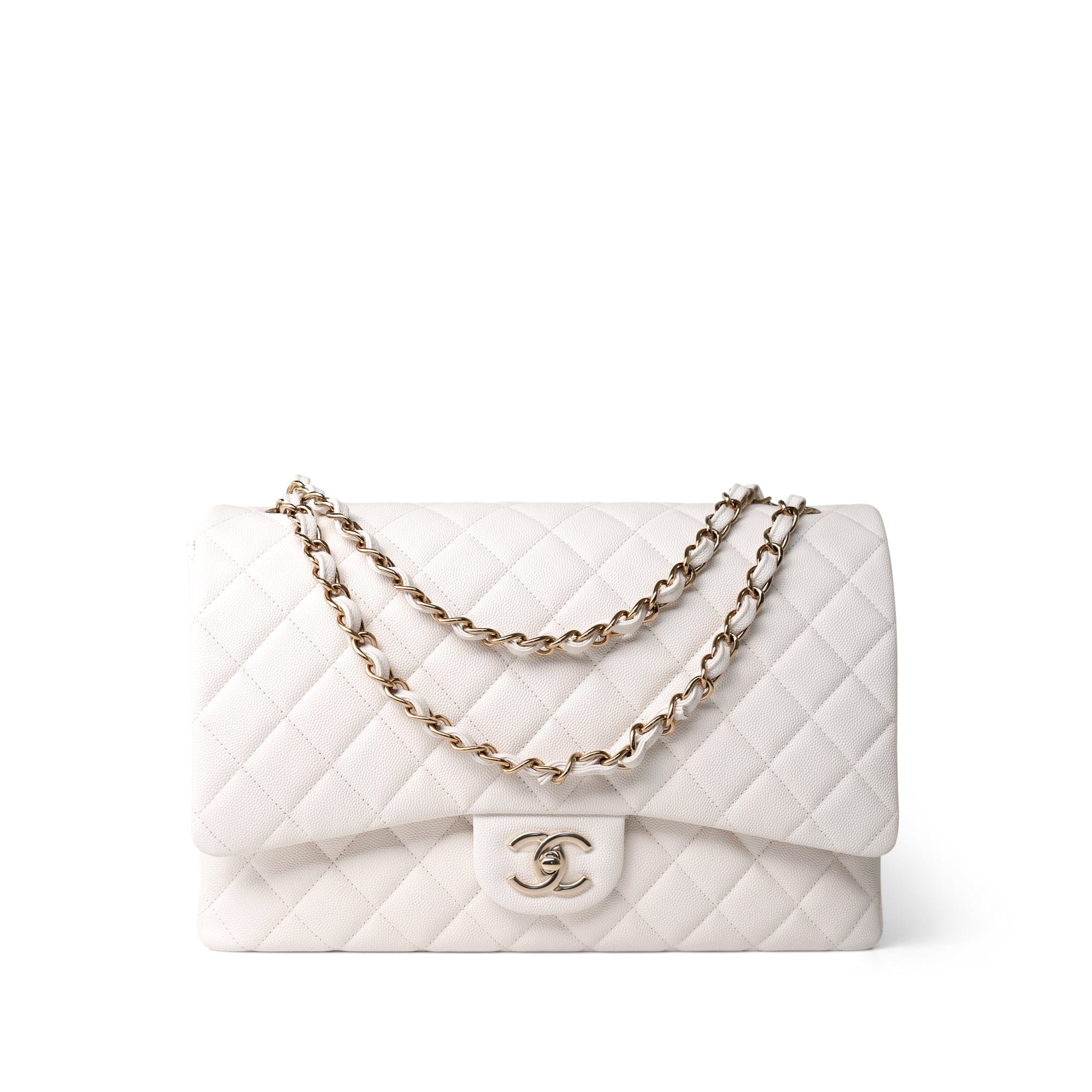 CHANEL Handbag White 22B White Caviar Quilted Maxi Classic Flap Light Gold Hardware - Redeluxe