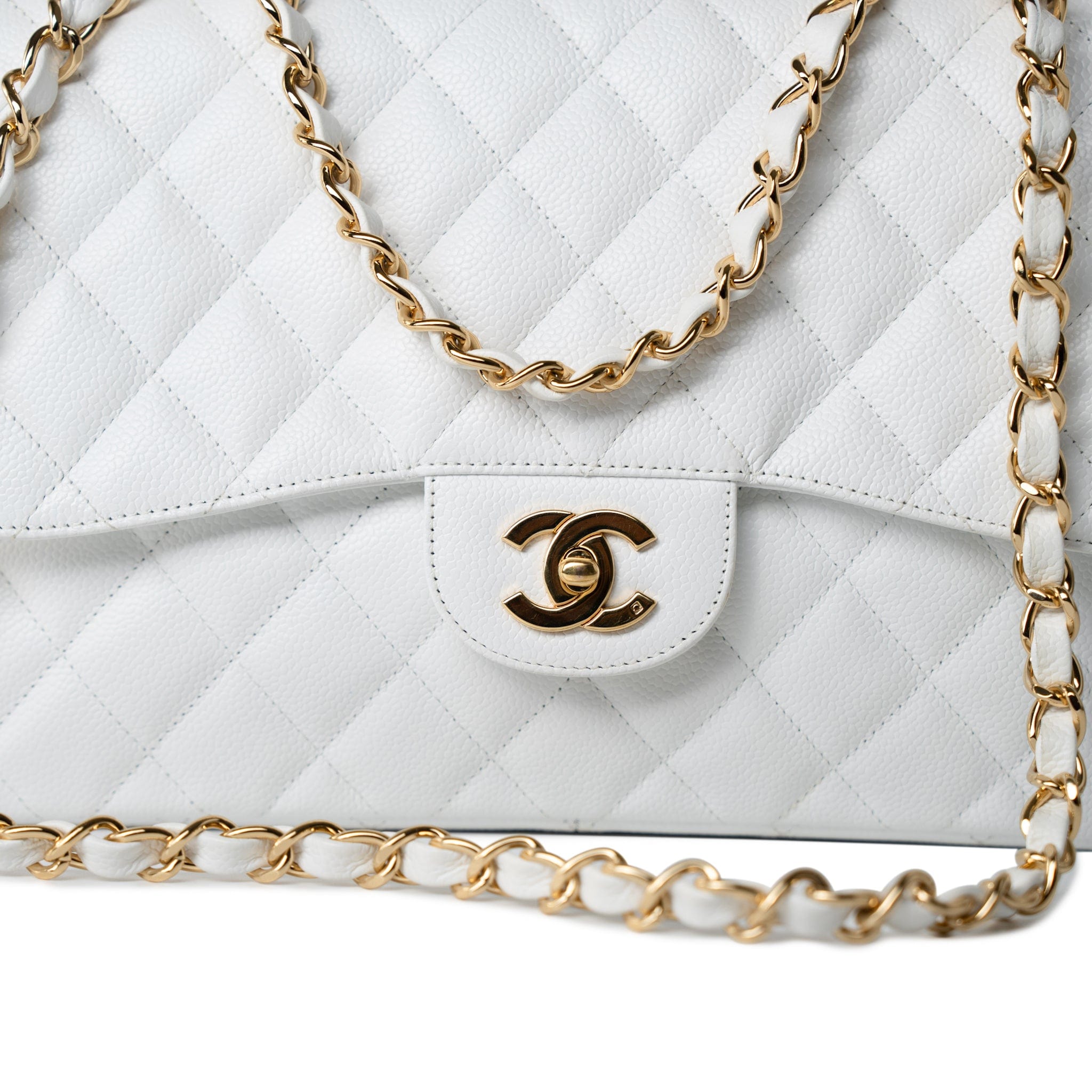 CHANEL Handbag White Caviar Quilted Jumbo Single Flap Gold Hardware - Redeluxe