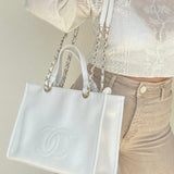 CHANEL Handbag White Chanel 22P Small White Zipped Shopping Bag - Redeluxe