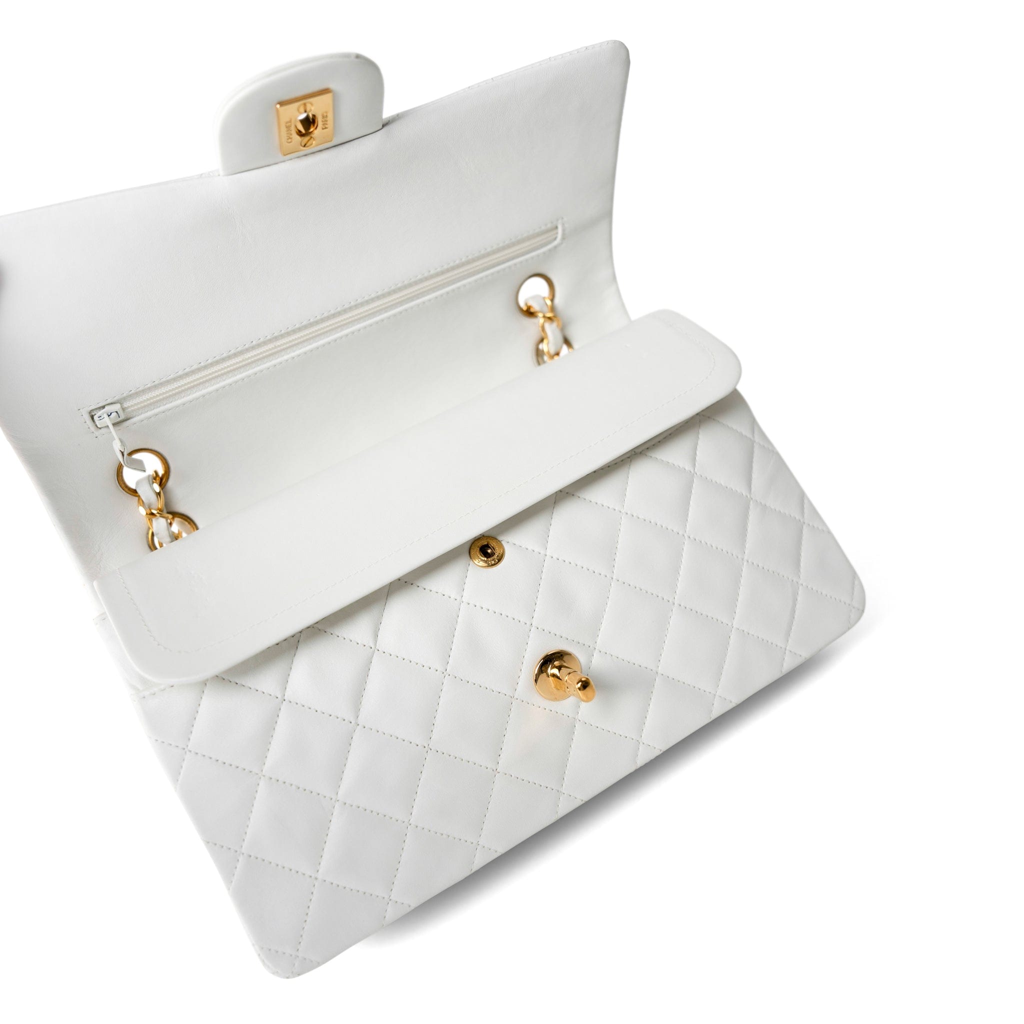 CHANEL Handbag White / Classic Flap Vintage White Lambskin Quilted Classic Flap Medium Gold Hardware - Redeluxe