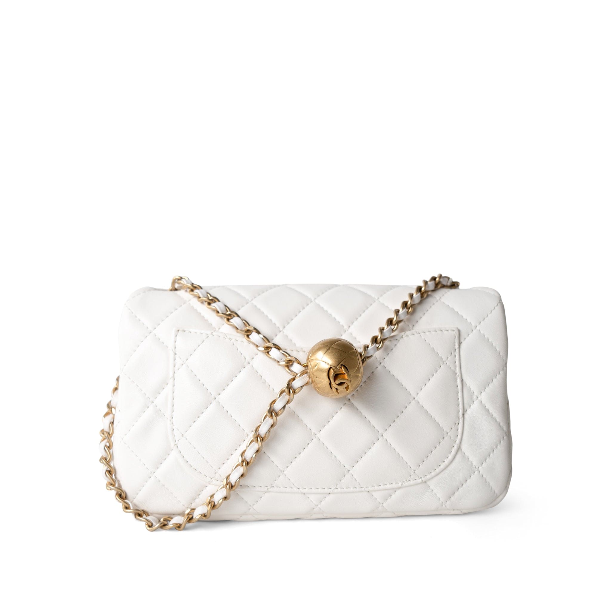 CHANEL Handbag White / Seasonal 21B White Lambskin Quilted Mini Rectangular Pearl Crush Antique Gold Hardware - Redeluxe