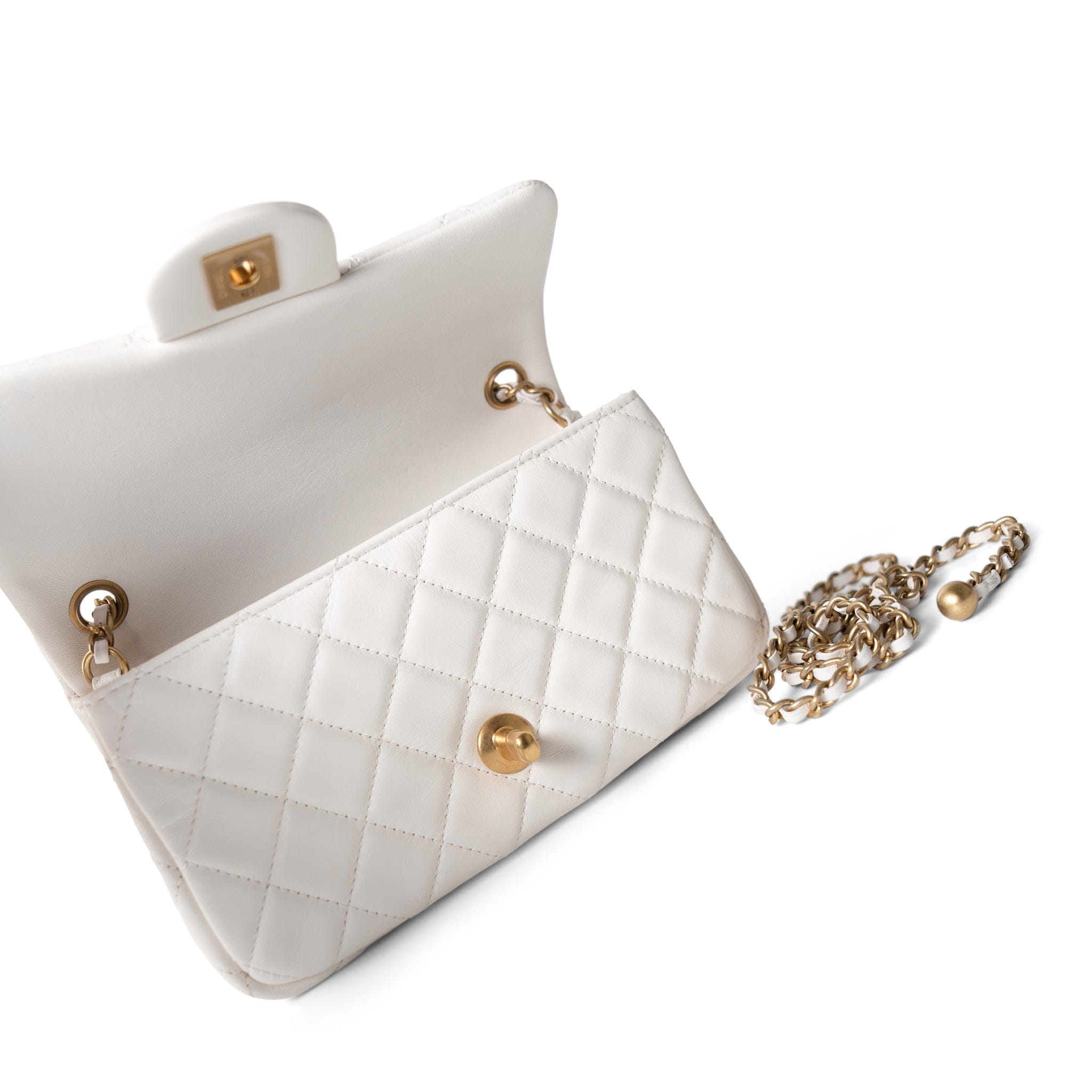 CHANEL Handbag White / Seasonal 21B White Lambskin Quilted Mini Rectangular Pearl Crush Antique Gold Hardware - Redeluxe