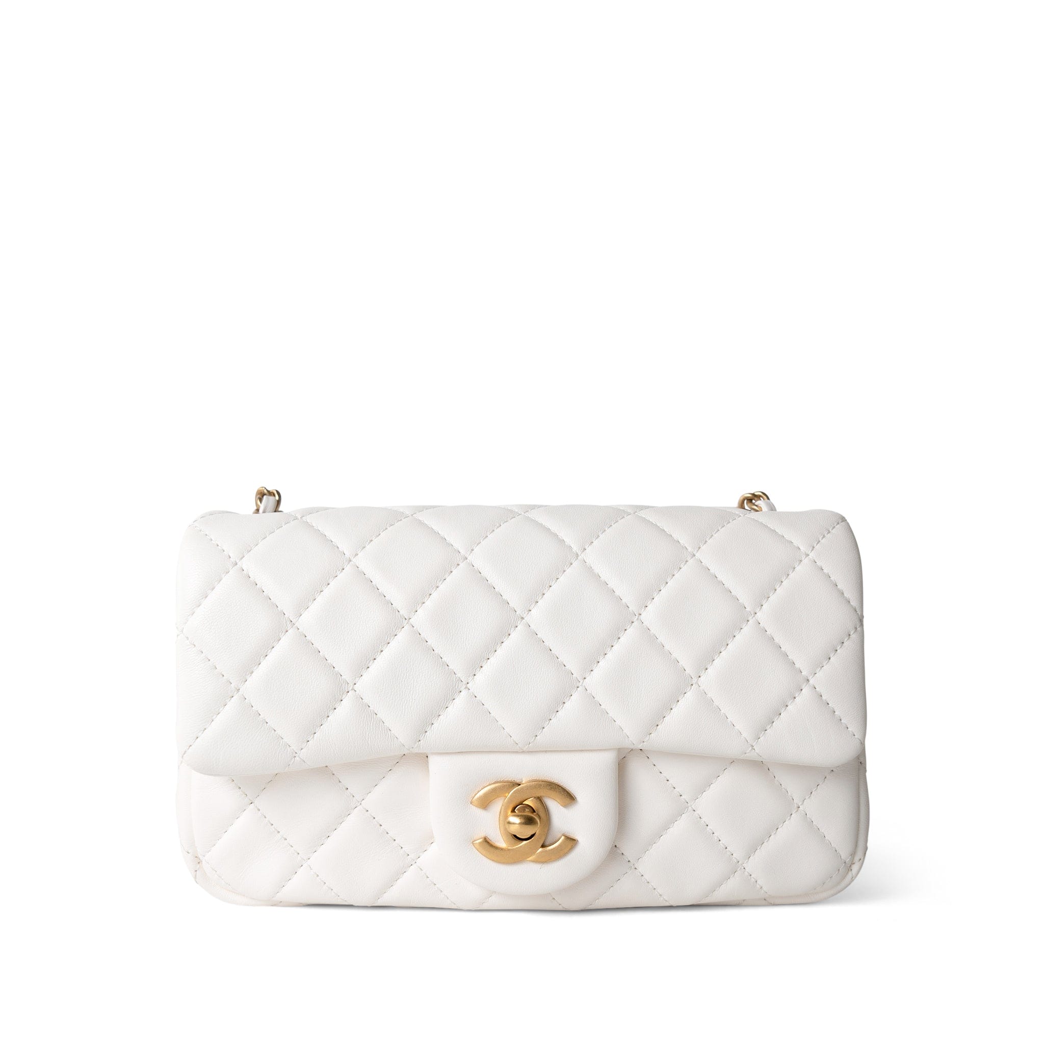 CHANEL Handbag White / Seasonal 21B White Lambskin Quilted Mini Rectangular Pearl Crush Antique Gold Hardware - Redeluxe