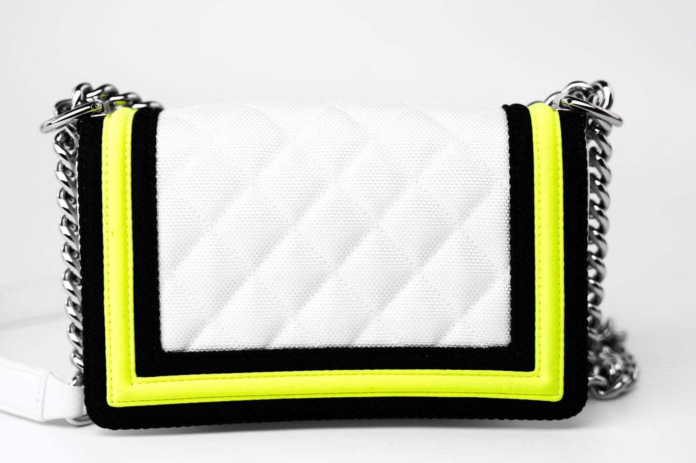 CHANEL Handbag White Small Fluo Boy Flap Nylon Quilted White Black Yellow - Redeluxe