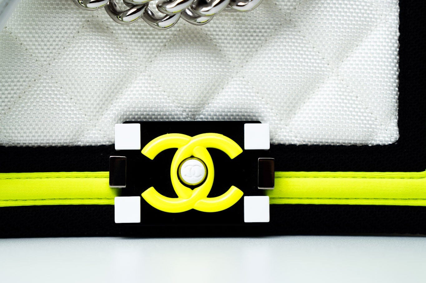 CHANEL Handbag White Small Fluo Boy Flap Nylon Quilted White Black Yellow - Redeluxe
