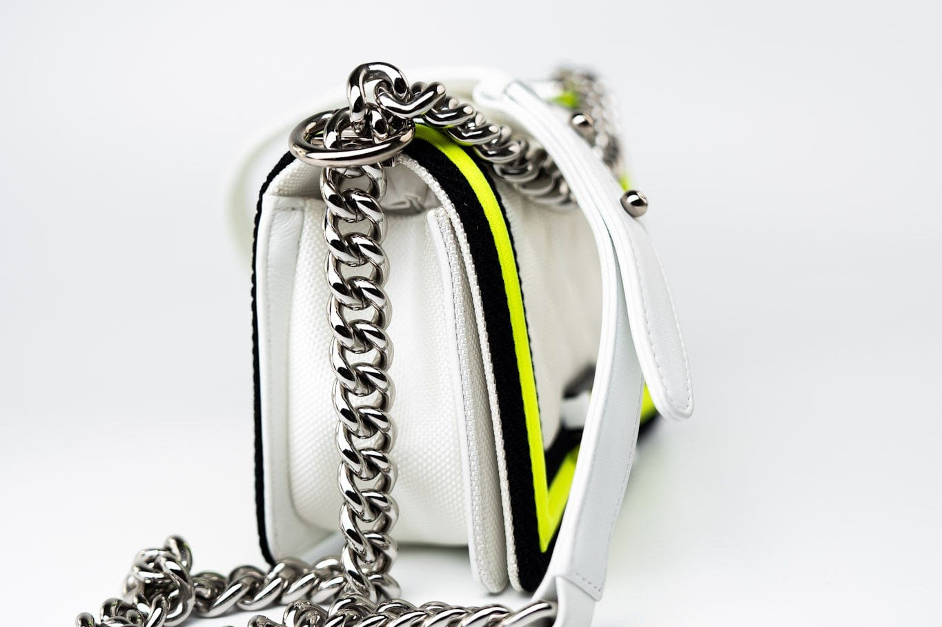 CHANEL Handbag White Small Fluo Boy Flap Nylon Quilted White Black Yellow - Redeluxe