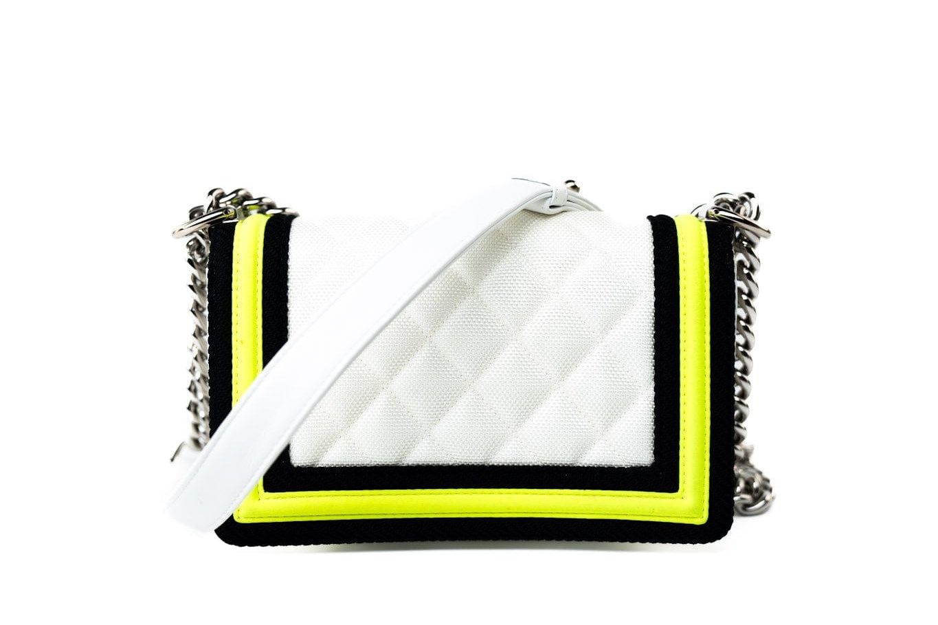 CHANEL Handbag White Small Fluo Boy Flap Nylon Quilted White Black Yellow - Redeluxe