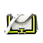 CHANEL Handbag White Small Fluo Boy Flap Nylon Quilted White Black Yellow - Redeluxe
