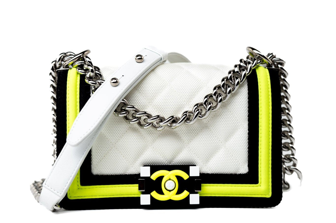 CHANEL Handbag White Small Fluo Boy Flap Nylon Quilted White Black Yellow - Redeluxe