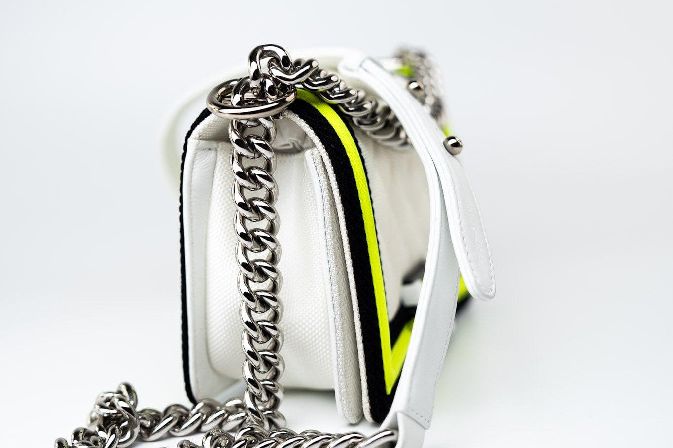 CHANEL Handbag White Small Fluo Boy Flap Nylon Quilted White Black Yellow - Redeluxe