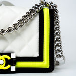 CHANEL Handbag White Small Fluo Boy Flap Nylon Quilted White Black Yellow - Redeluxe