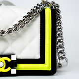 CHANEL Handbag White Small Fluo Boy Flap Nylon Quilted White Black Yellow - Redeluxe