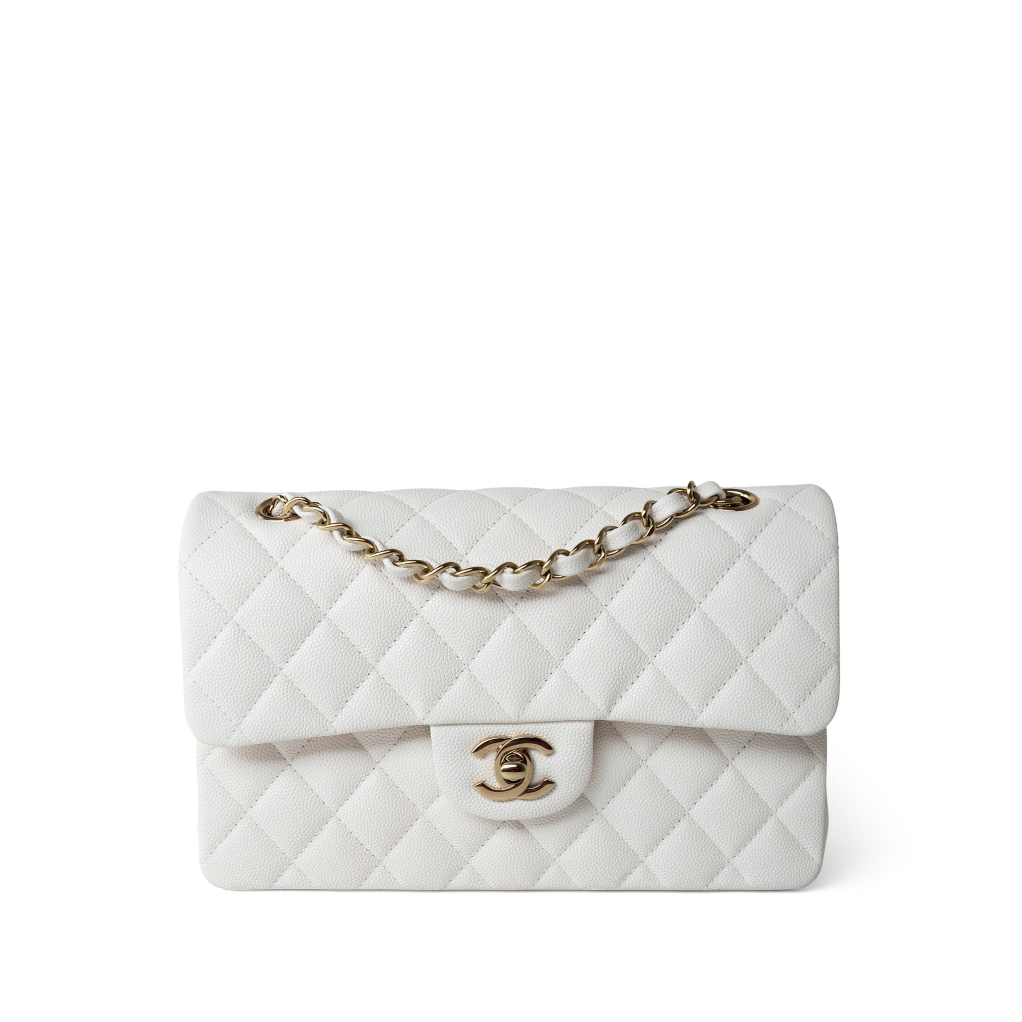 CHANEL Handbag White White Caviar Quilted Classic Flap Small Light Gold Hardware - Redeluxe