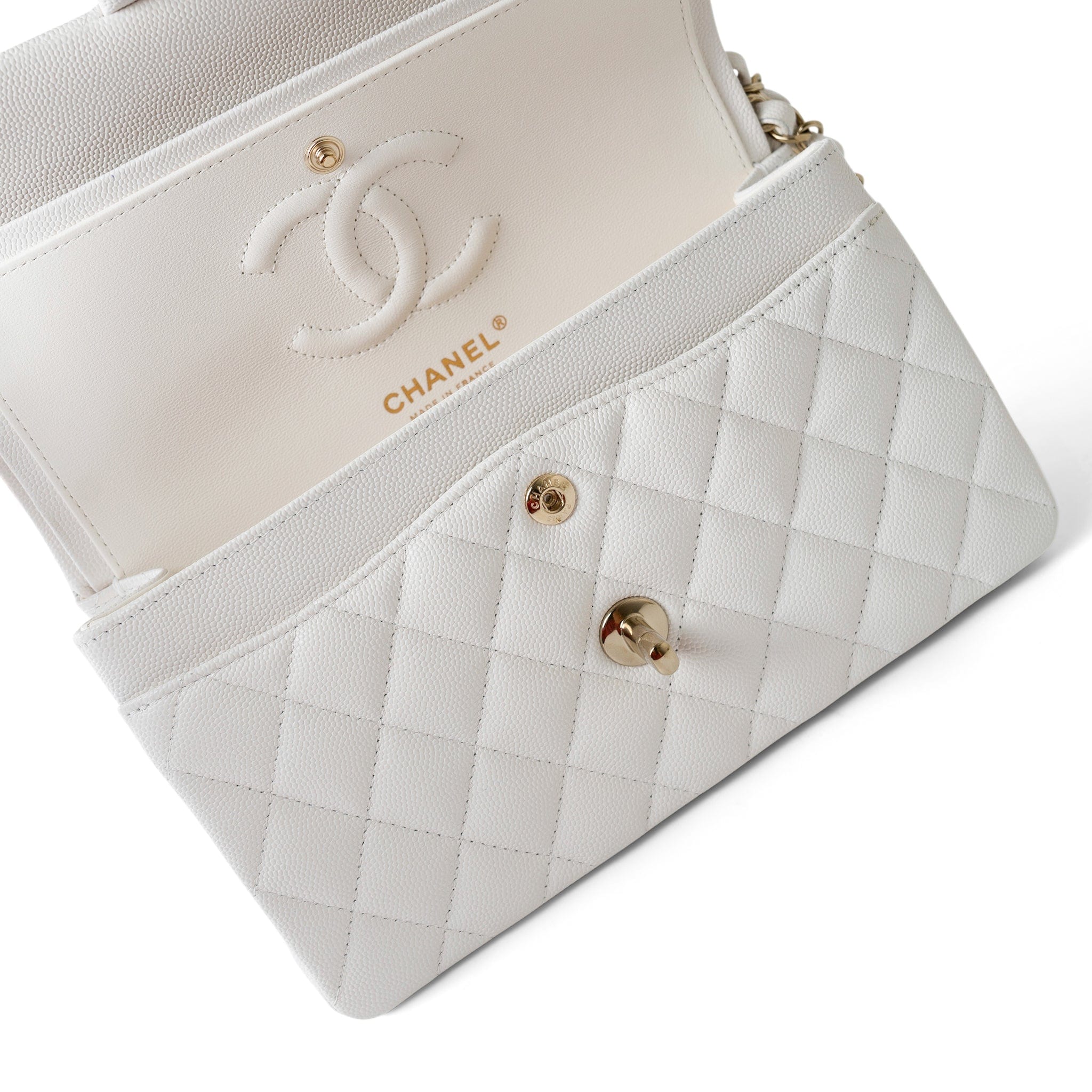 CHANEL Handbag White White Caviar Quilted Classic Flap Small Light Gold Hardware - Redeluxe