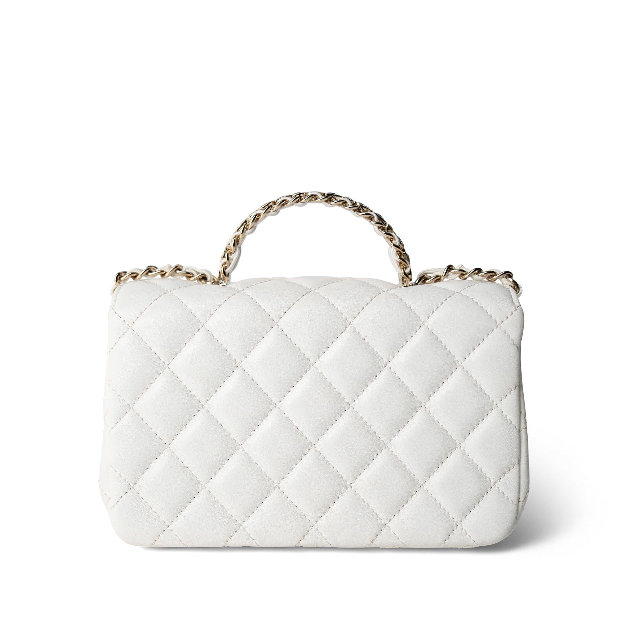 CHANEL Handbag White White Lambskin Quilted Crystal Top Handle Flap Light Gold Hardware - Redeluxe