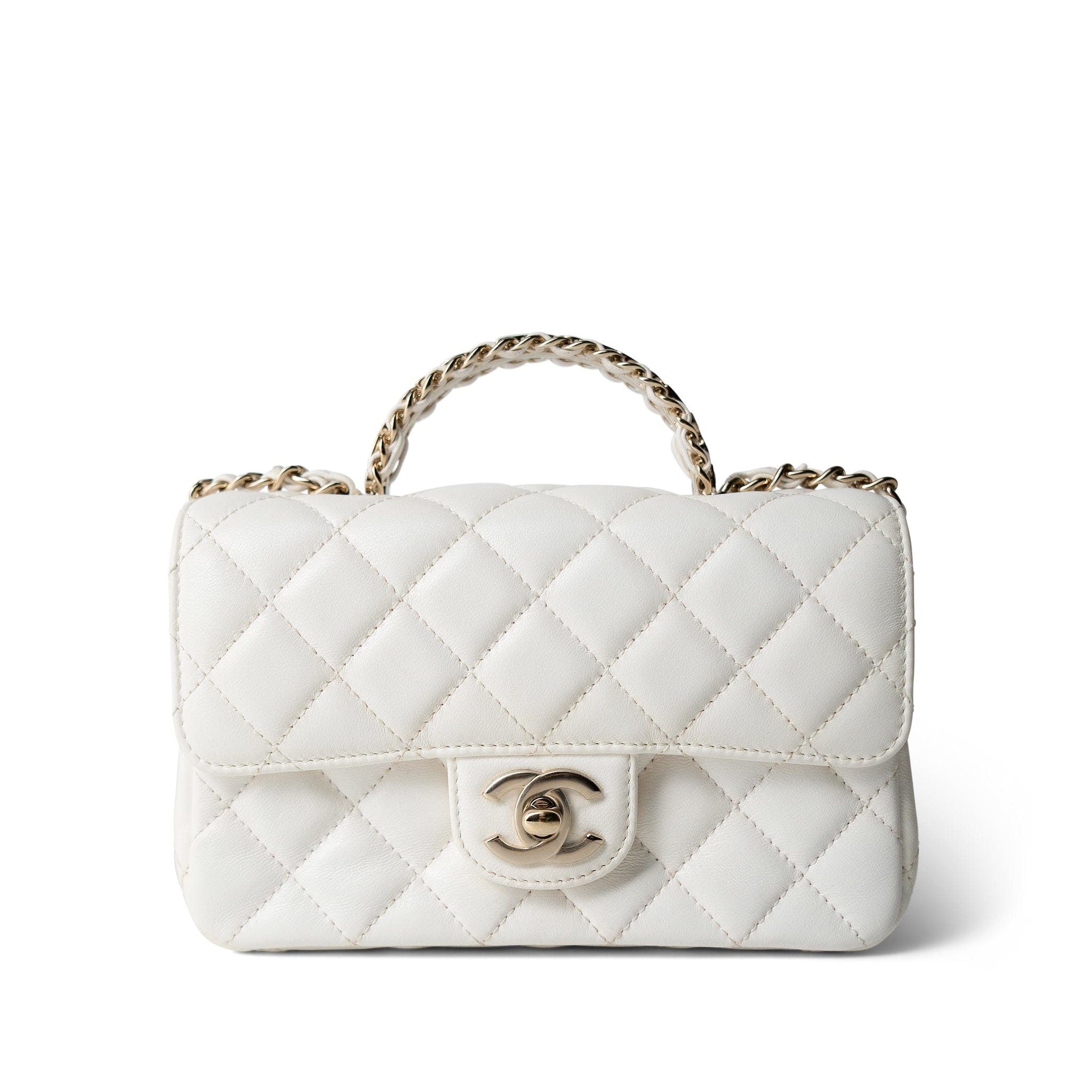 CHANEL Handbag White White Lambskin Quilted Crystal Top Handle Flap Light Gold Hardware - Redeluxe