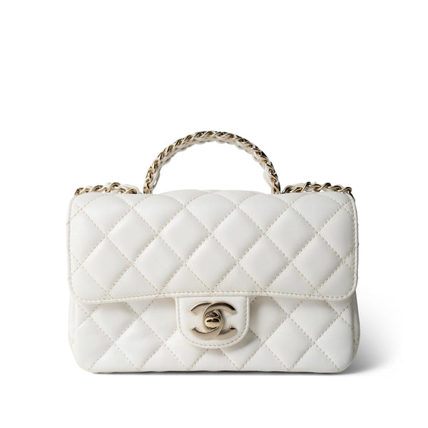 White Lambskin Quilted Crystal Top Handle Flap Light Gold