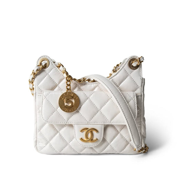 White Shiny Crumpled Calfskin Hobo Bag Small Aged Gold Hardware