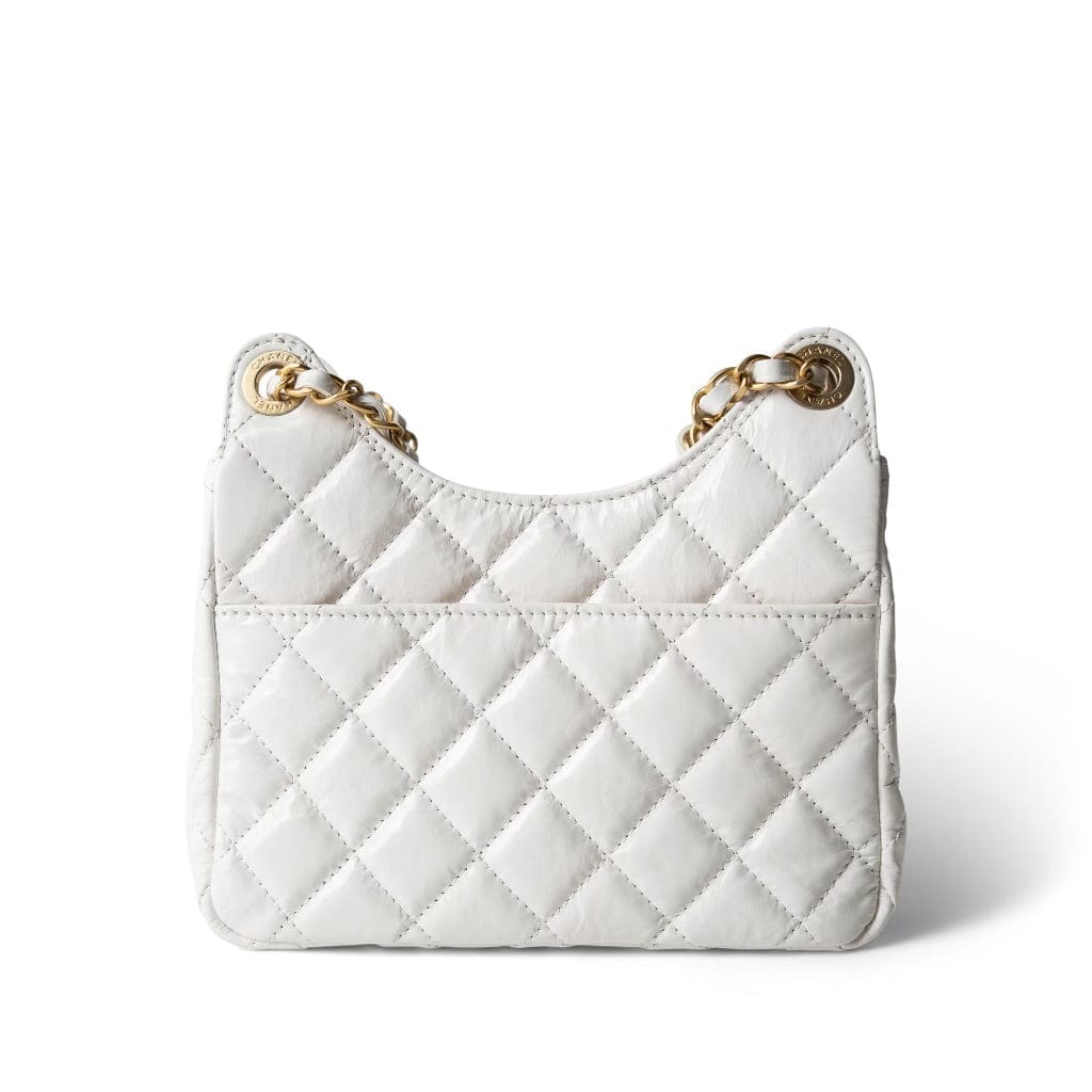 CHANEL Handbag White White Shiny Crumpled Calfskin Hobo Bag Small Aged Gold Hardware - Redeluxe