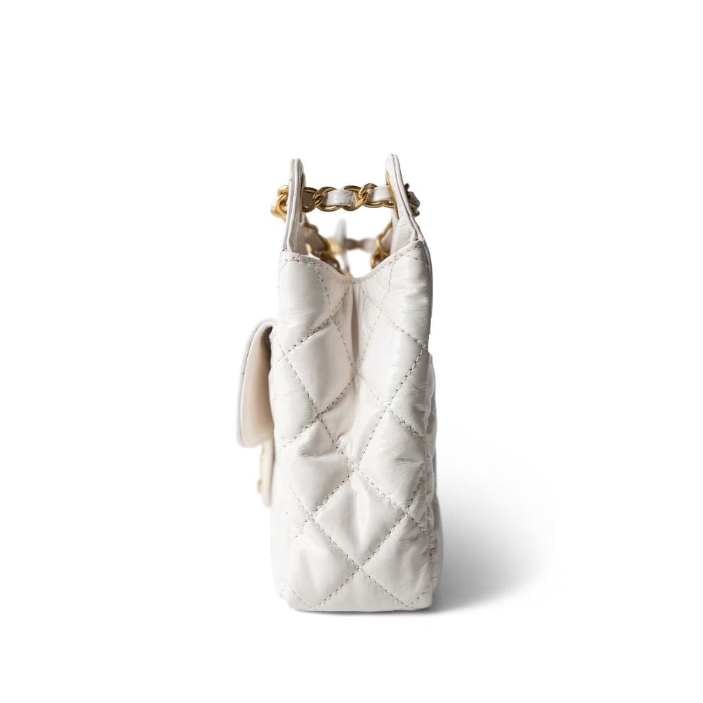 White Shiny Crumpled Calfskin Hobo Bag Small Aged Gold