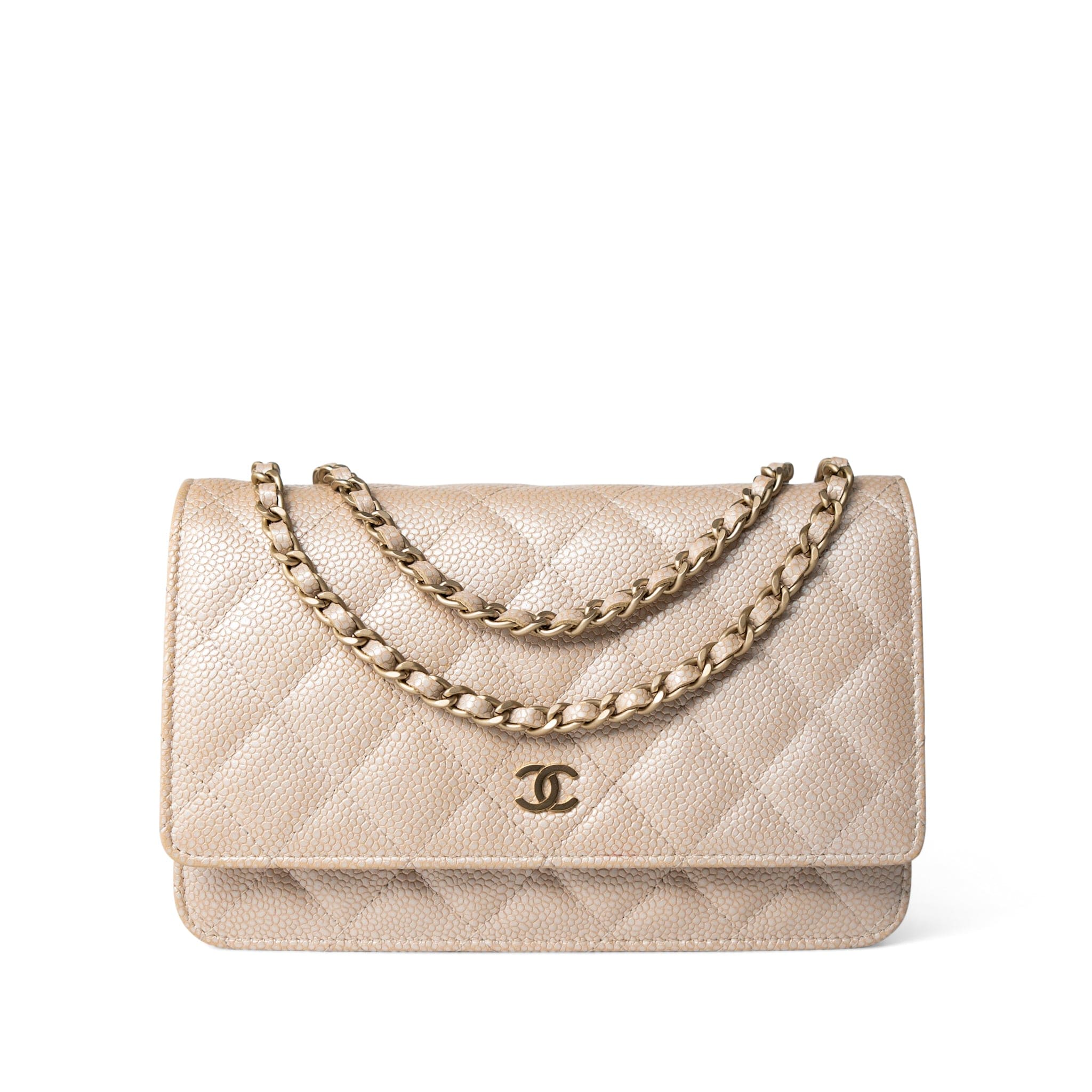 CHANEL Handbag WOC / Beige 12P Pearly Beige Caviar Quilted Wallet on Chain WOC - Redeluxe