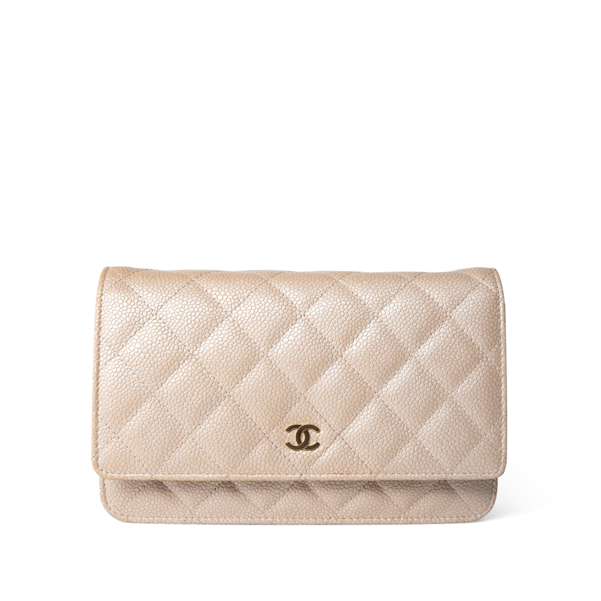 CHANEL Handbag WOC / Beige 12P Pearly Beige Caviar Quilted Wallet on Chain WOC - Redeluxe