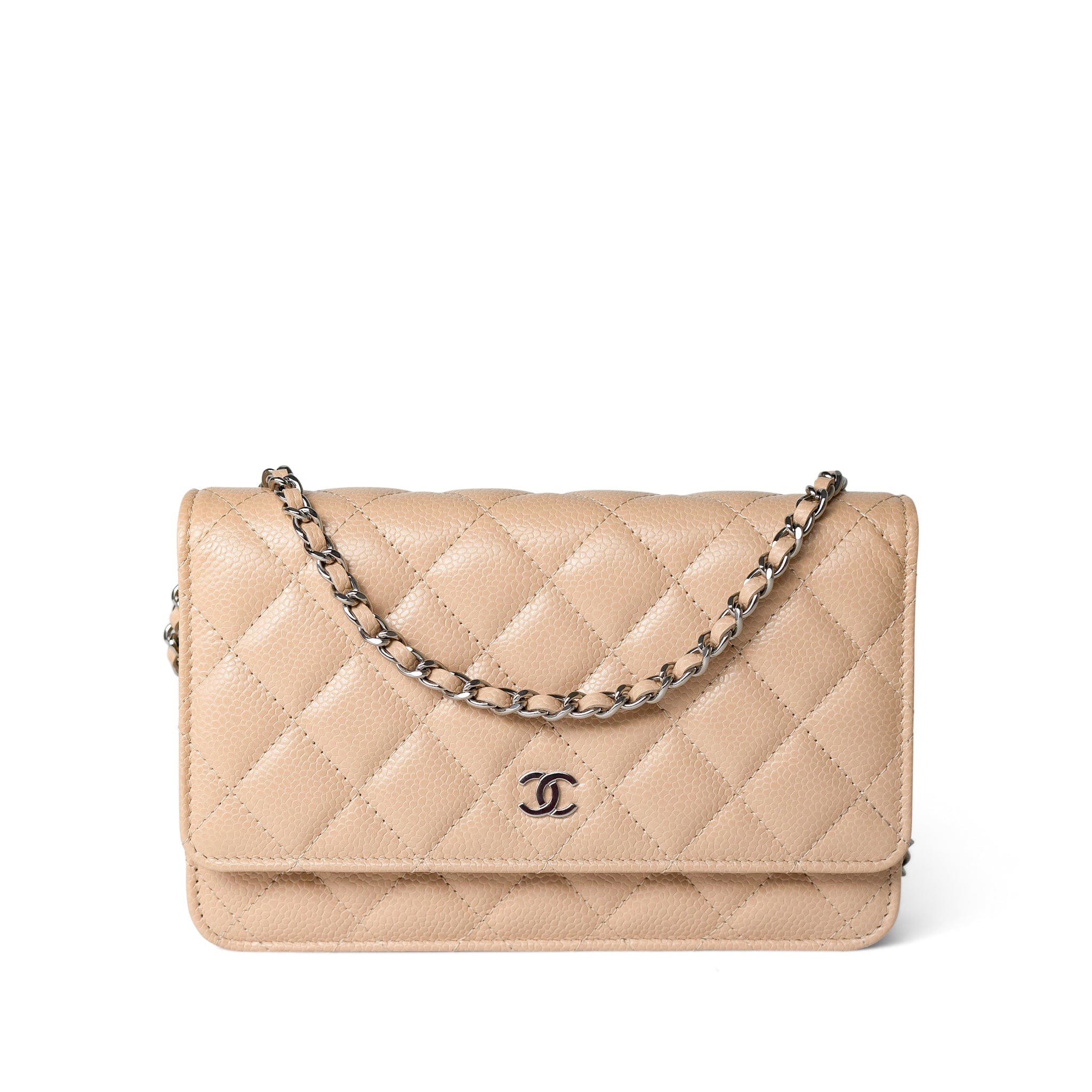 CHANEL Handbag WOC / Beige Beige Clair Caviar Quilted Wallet on Chain WOC Silver Hardware - Redeluxe