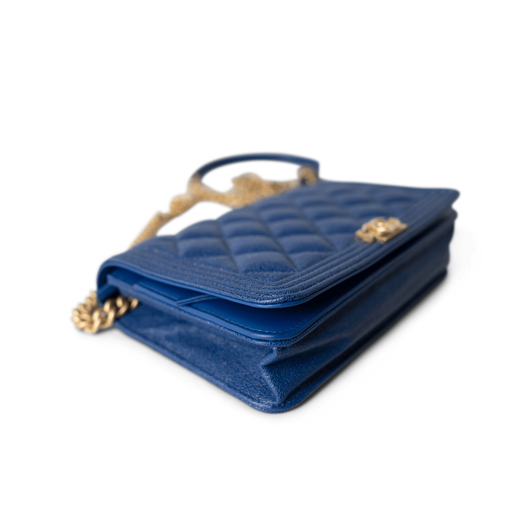 CHANEL Handbag WOC / Blue 19A Blue Caviar Quilted Boy Wallet On Chain WOC Antique Gold Hardware - Redeluxe