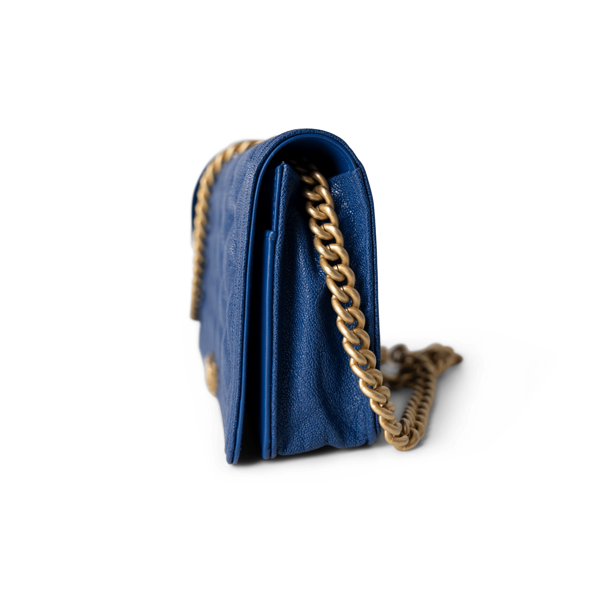 CHANEL Handbag WOC / Blue 19A Blue Caviar Quilted Boy Wallet On Chain WOC Antique Gold Hardware - Redeluxe