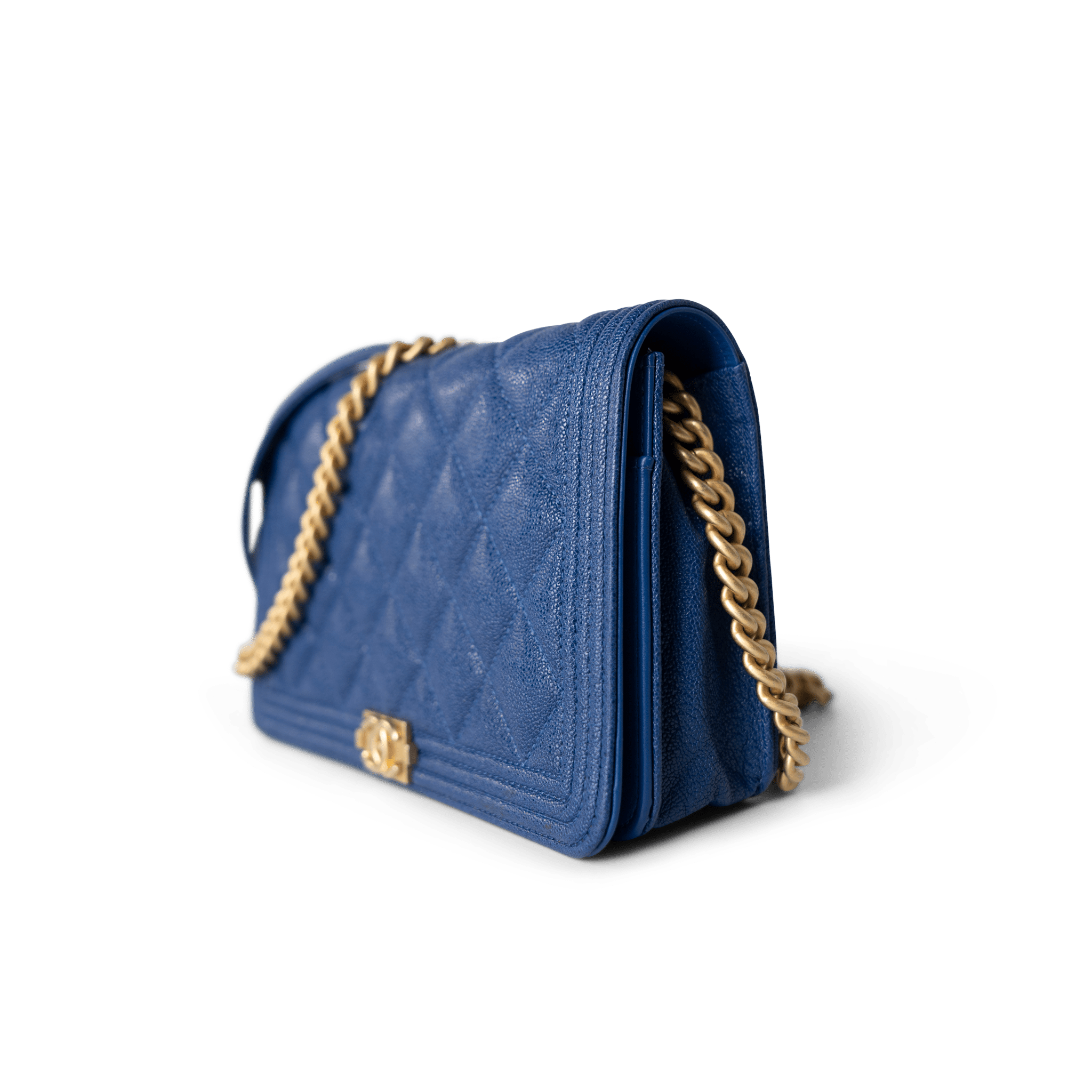 CHANEL Handbag WOC / Blue 19A Blue Caviar Quilted Boy Wallet On Chain WOC Antique Gold Hardware - Redeluxe