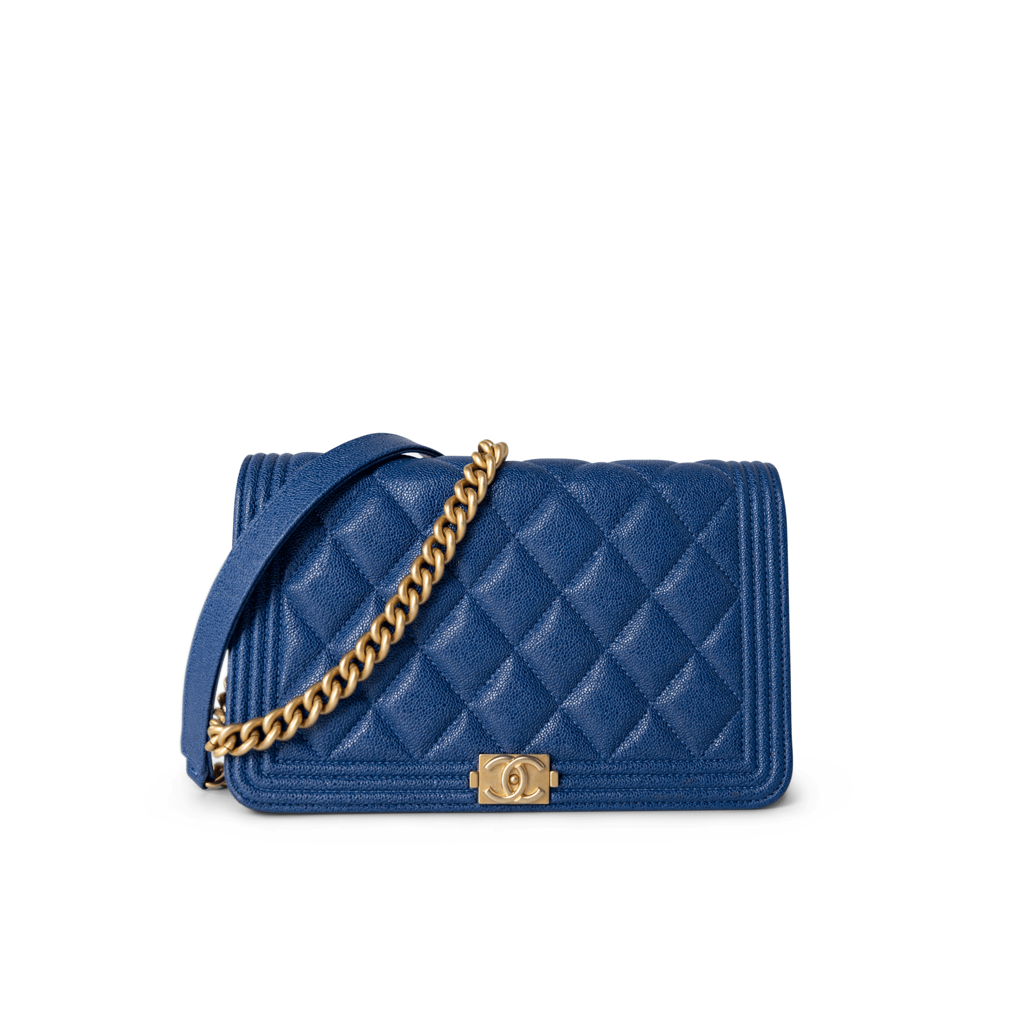 CHANEL Handbag WOC / Blue 19A Blue Caviar Quilted Boy Wallet On Chain WOC Antique Gold Hardware - Redeluxe