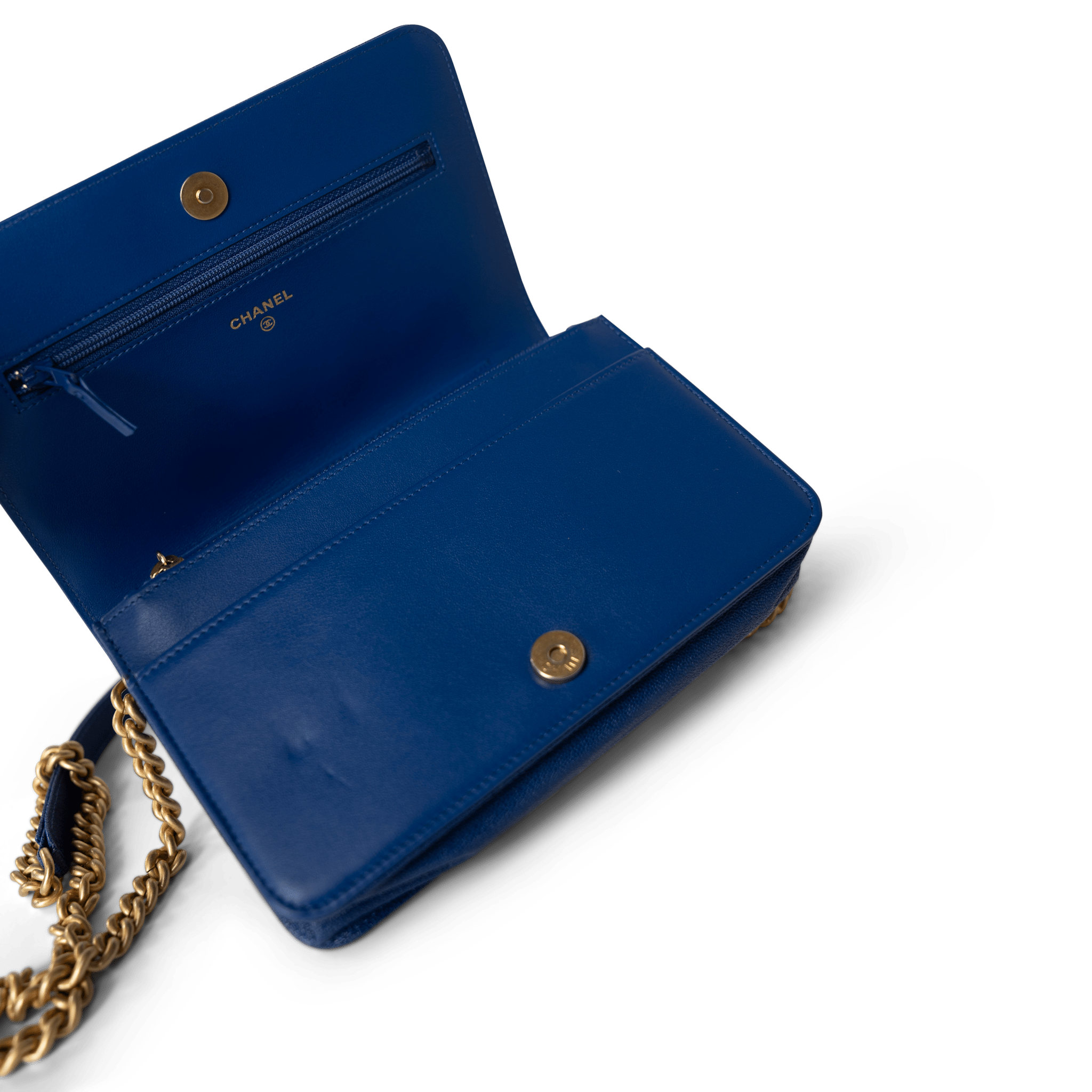 CHANEL Handbag WOC / Blue 19A Blue Caviar Quilted Boy Wallet On Chain WOC Antique Gold Hardware - Redeluxe