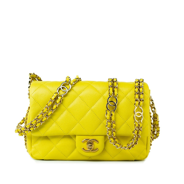 23C Neon Yellow Caviar Quilted Coco You Mini Flap Bag Light Gold
