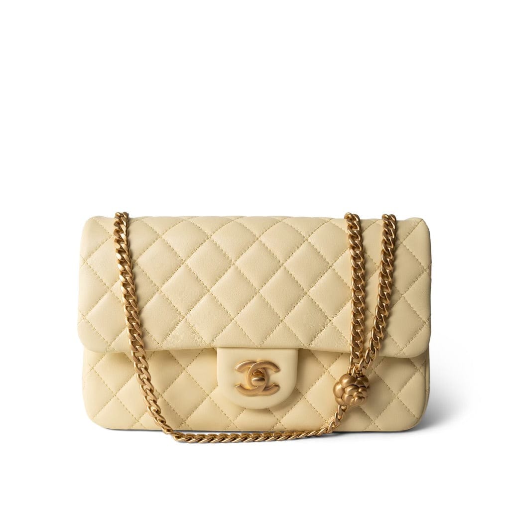 CHANEL Handbag Yellow 23S Light Yellow Lambskin Quilted Sweet Camelia Medium Single Flap Aged Gold Hardware - Redeluxe
