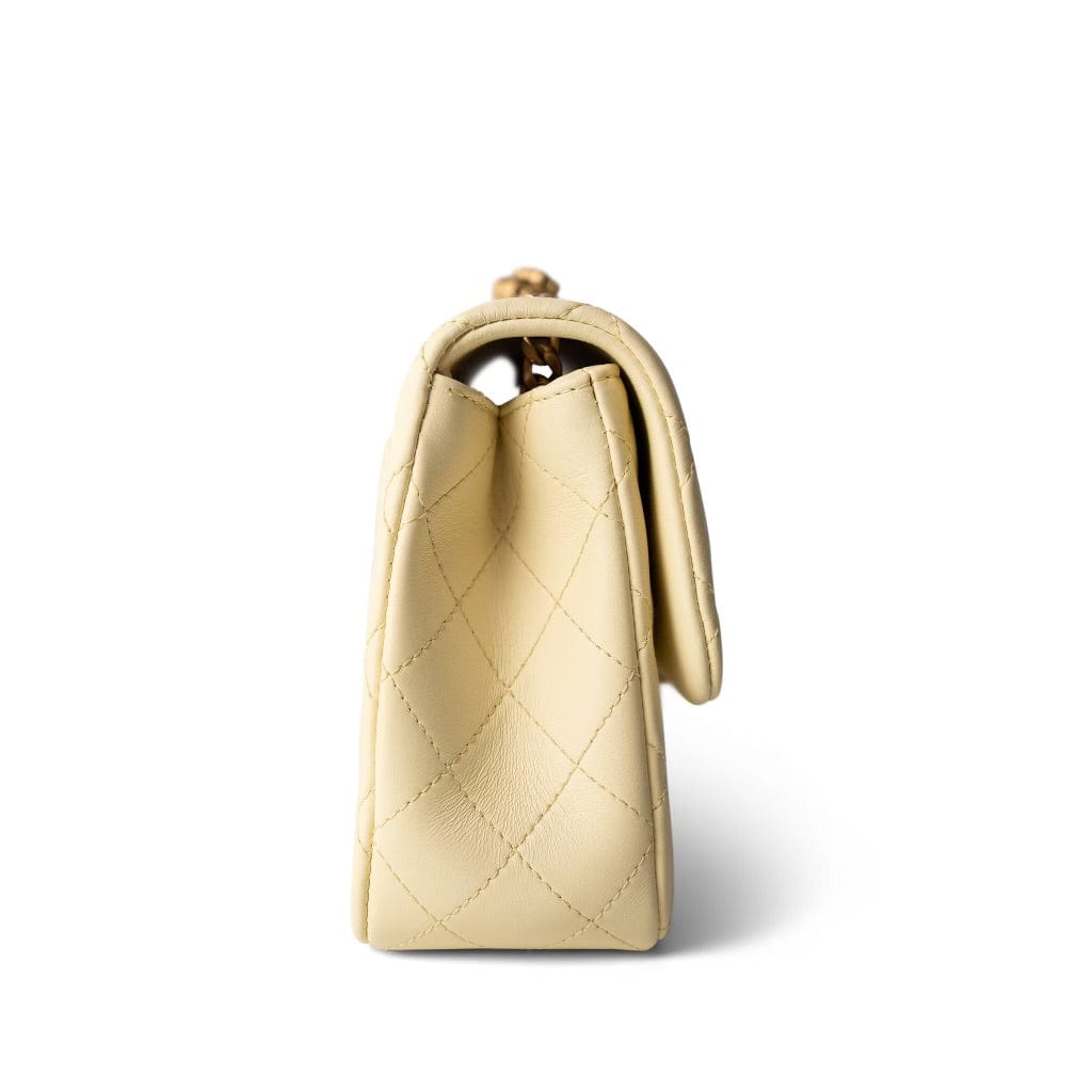 23S Light Yellow Lambskin Quilted Sweet Camelia Medium Single Flap