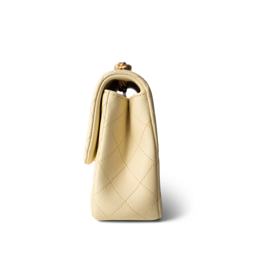 23S Light Yellow Lambskin Quilted Sweet Camelia Medium Single Flap