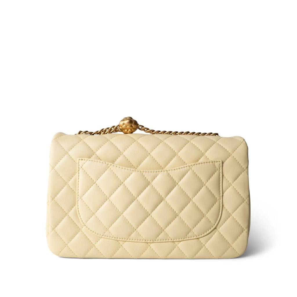 CHANEL Handbag Yellow 23S Light Yellow Lambskin Quilted Sweet Camelia Medium Single Flap Aged Gold Hardware - Redeluxe