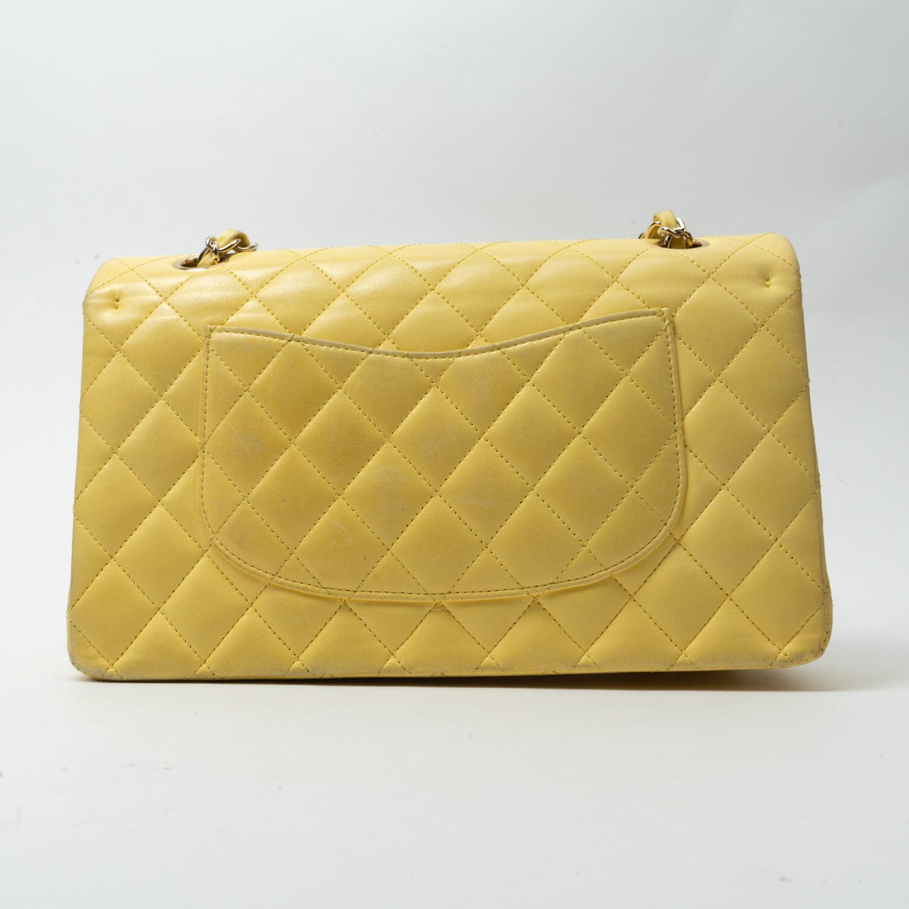 CHANEL Handbag Yellow Lambskin Quilted Double Classic Flap Medium Light Gold Hardware - Redeluxe