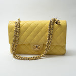 CHANEL Handbag Yellow Lambskin Quilted Double Classic Flap Medium Light Gold Hardware - Redeluxe