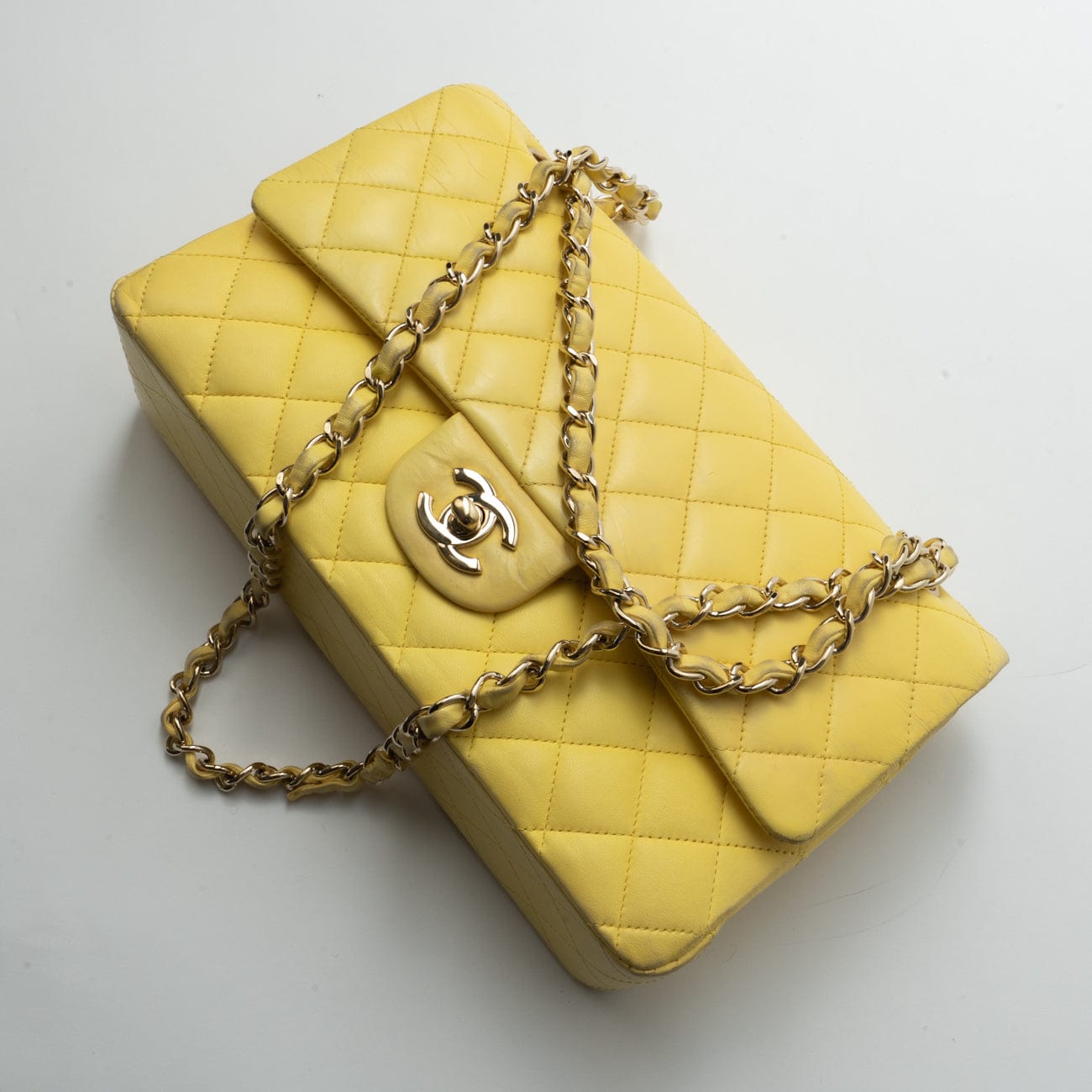 CHANEL Handbag Yellow Lambskin Quilted Double Classic Flap Medium Light Gold Hardware - Redeluxe