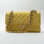 CHANEL Handbag Yellow Lambskin Quilted Double Classic Flap Medium Light Gold Hardware - Redeluxe