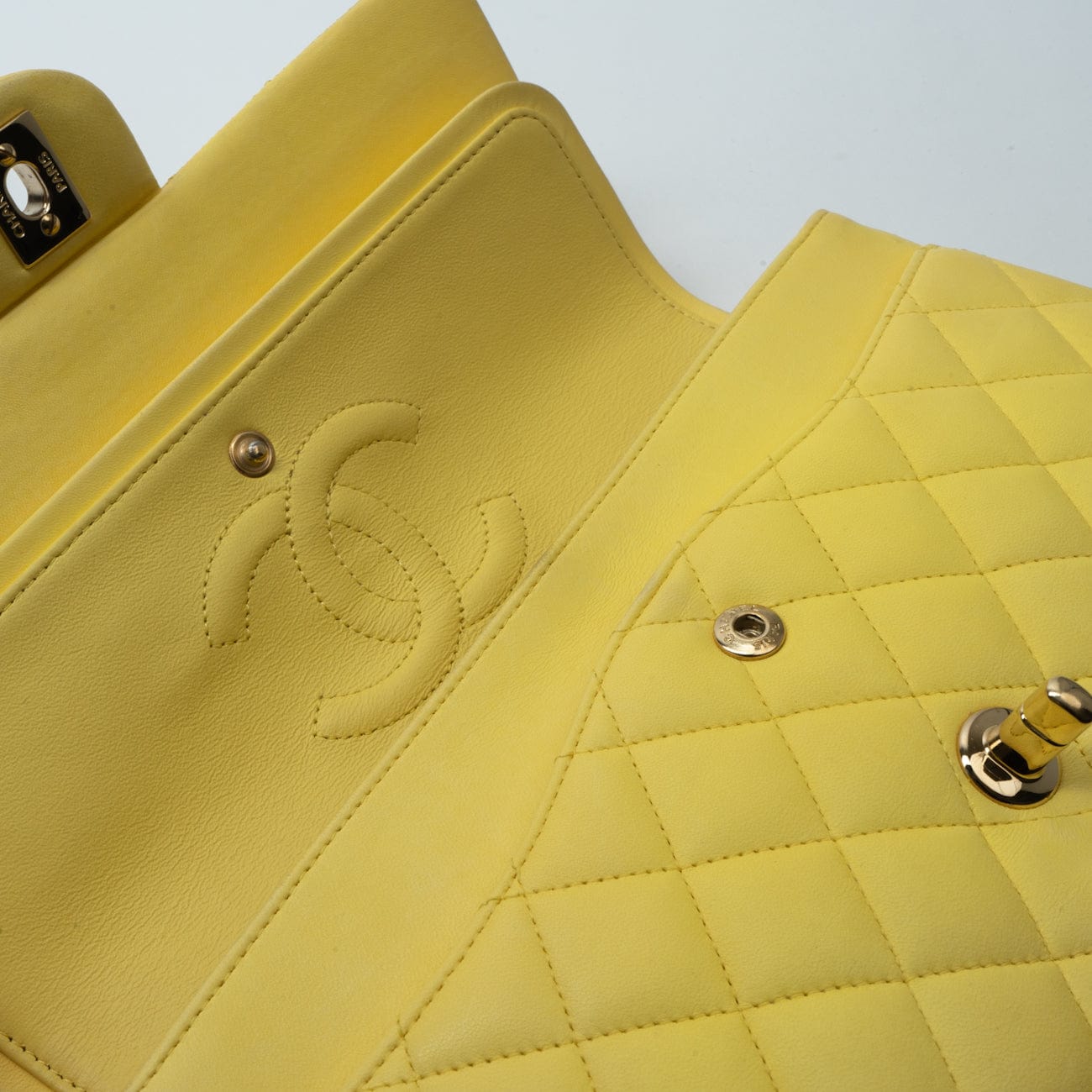CHANEL Handbag Yellow Lambskin Quilted Double Classic Flap Medium Light Gold Hardware - Redeluxe