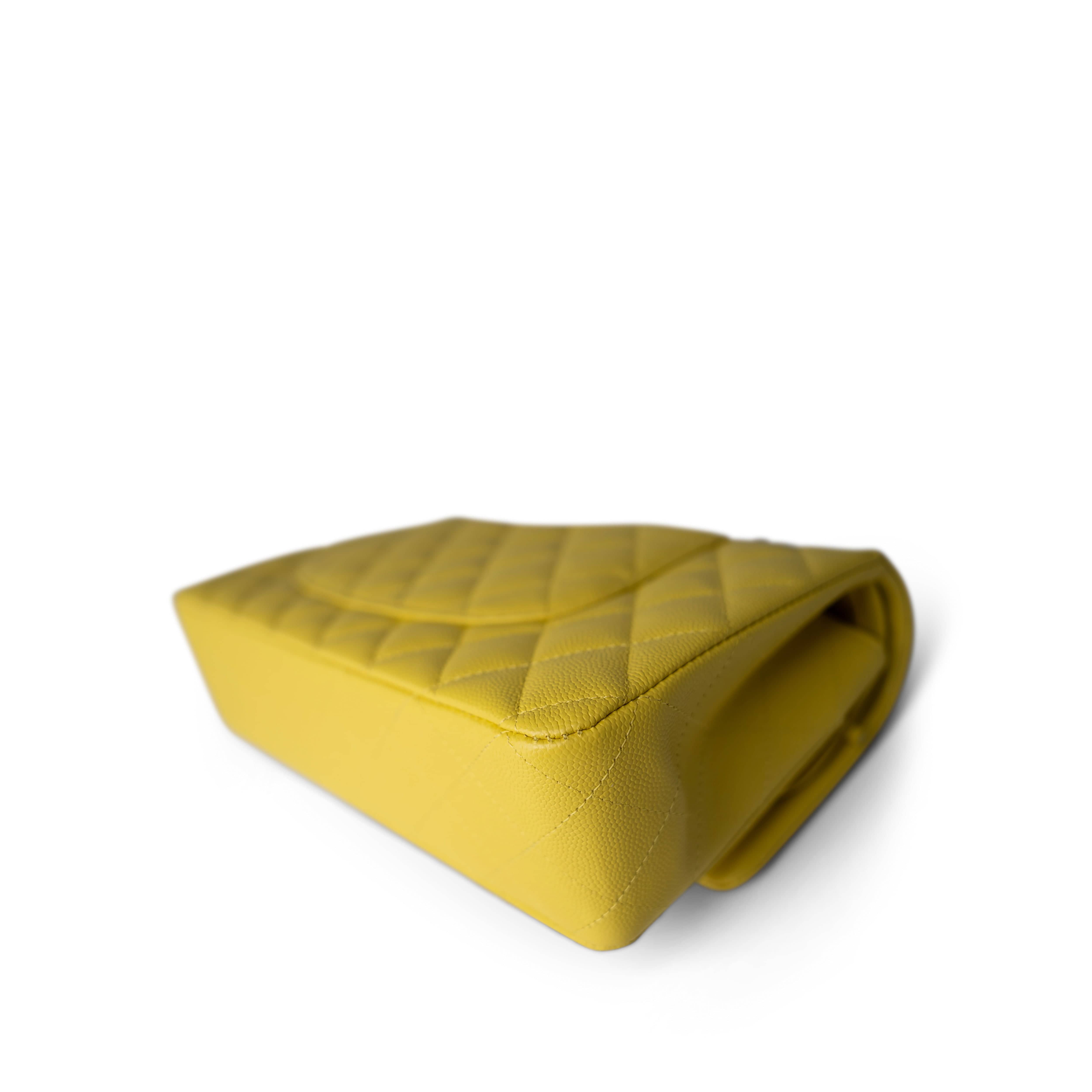 CHANEL Handbag YELLOW Yellow Caviar Quilted Classic Flap Medium Light Gold Hardware - Redeluxe