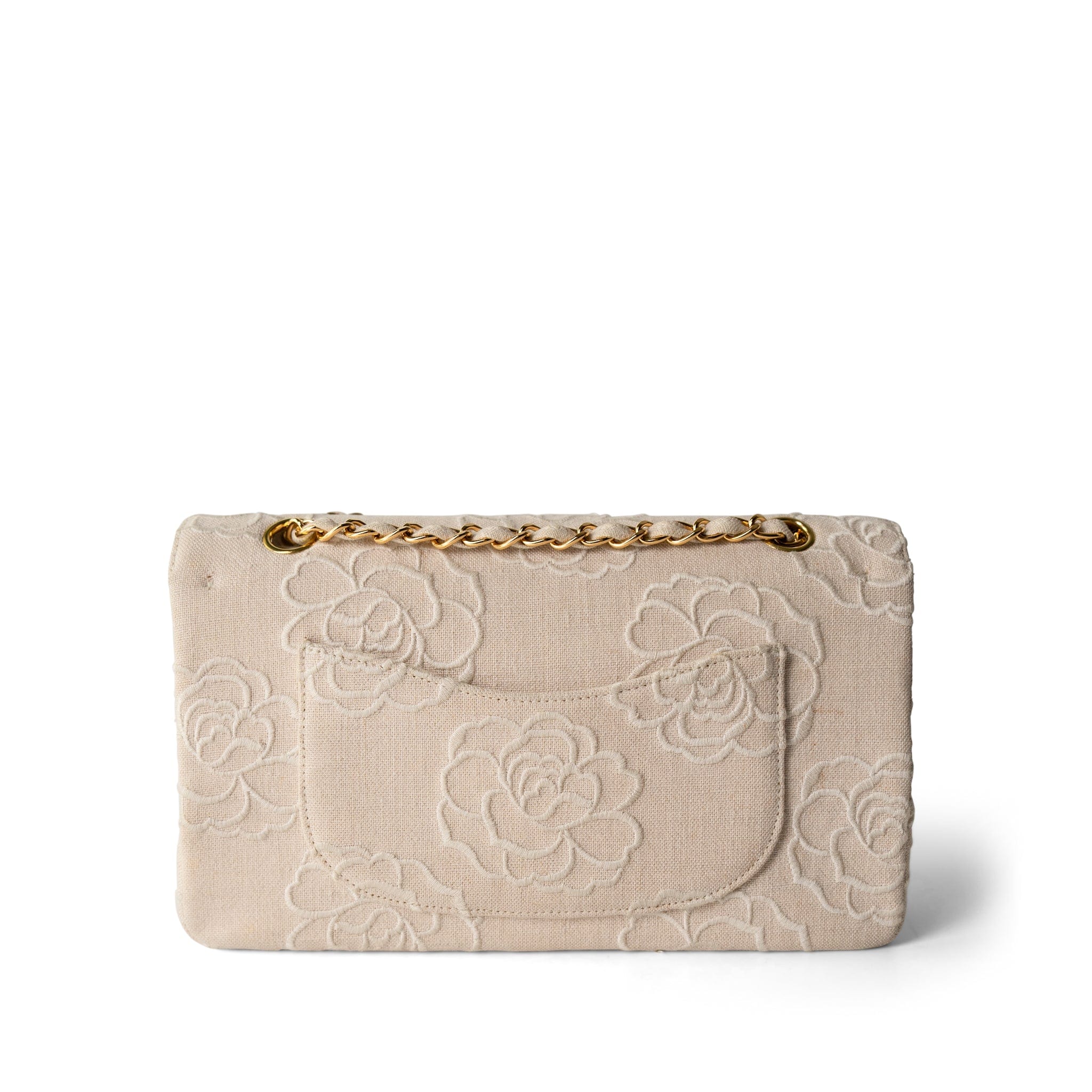 CHANEL Ivory Ivory Canvas Camellia Classic Double Flap Gold Hardware Vintage - Redeluxe