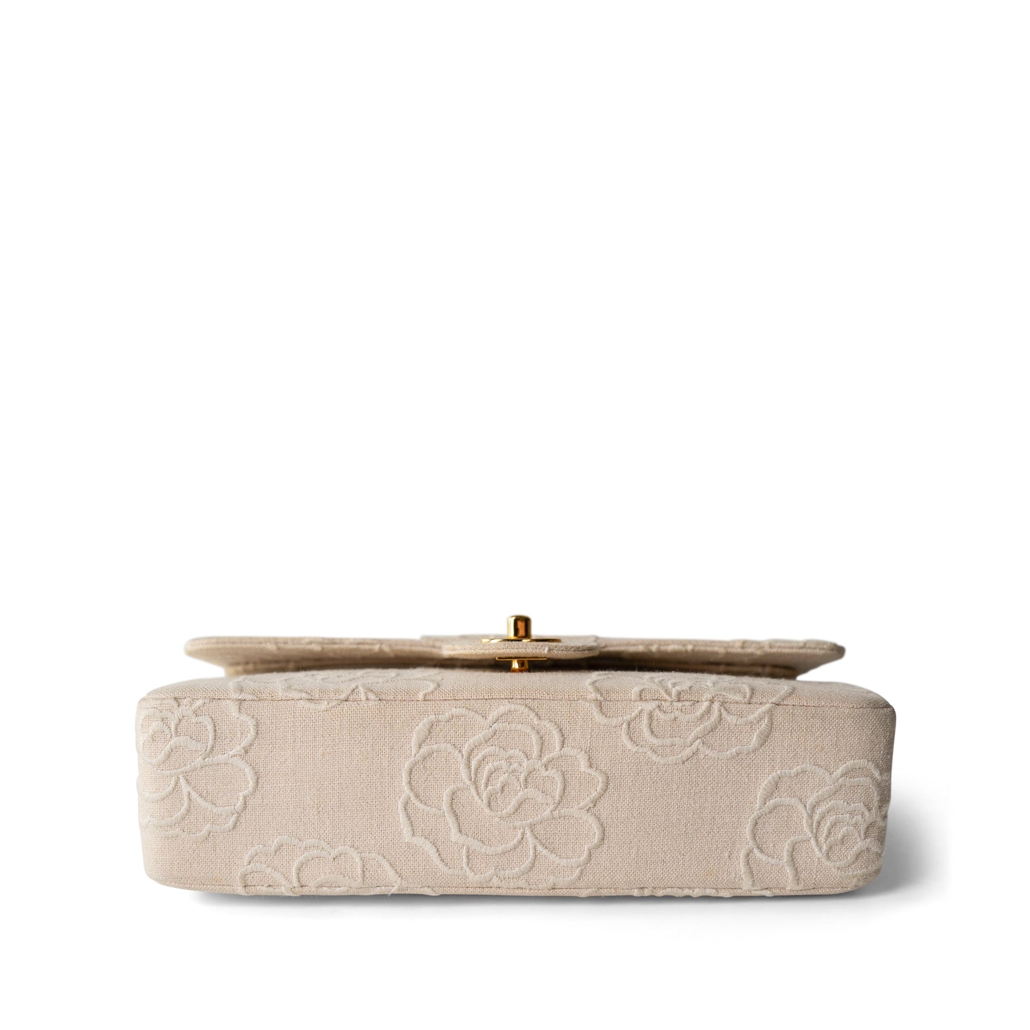 CHANEL Ivory Ivory Canvas Camellia Classic Double Flap Gold Hardware Vintage - Redeluxe
